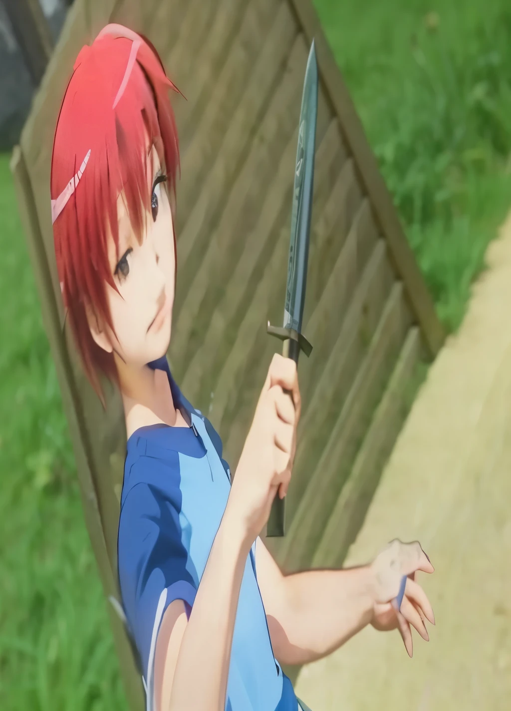 a close up of a person holding a knife in a field, anime screenshot, screenshot from a 2012s anime, still from tv anime, while holding a sword, wielding a fish sword, anime fencer, anime screencap, still from anime, anime still, screenshot from the anime film, safebooru anime image, wielding a dagger