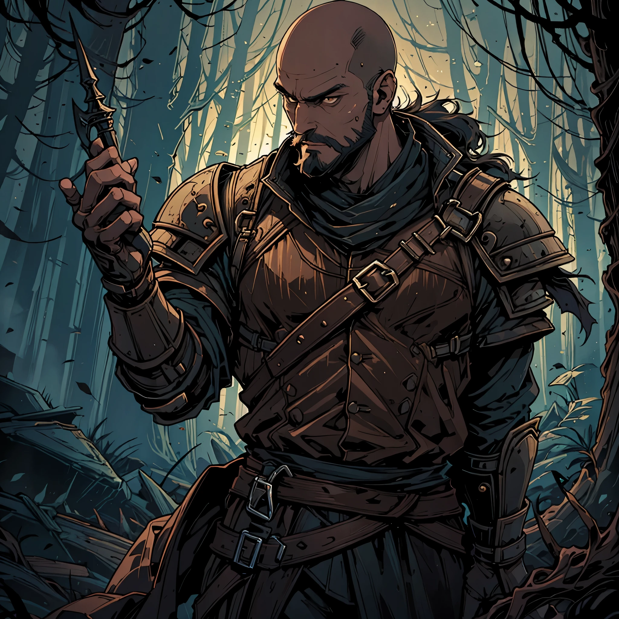 30 year old man, he is bald, with a brown beard, brown eyes, he is a knight-errant, very charismatic, serious look. Alone in a dark forest at night