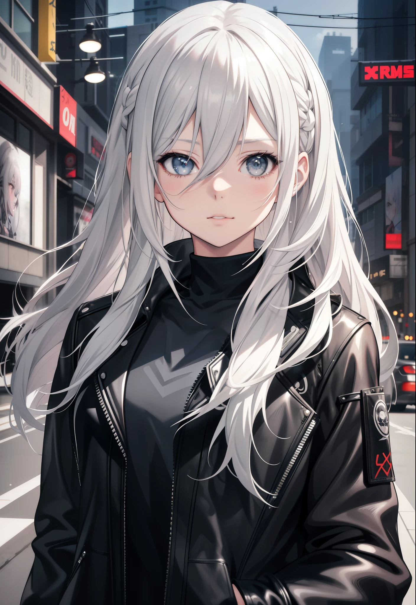 Blonde woman with long gray hair and black leather jacket, realistic anime 3 d style, Girl with gray hair, realistic anime style, perfect white haired girl, Girl silver hair, Anime style. 8K, artwork in the style of guweiz, hyper realistic anime, Girl with silver hair, anime realism style, anime girl in real life, photorealistic anime