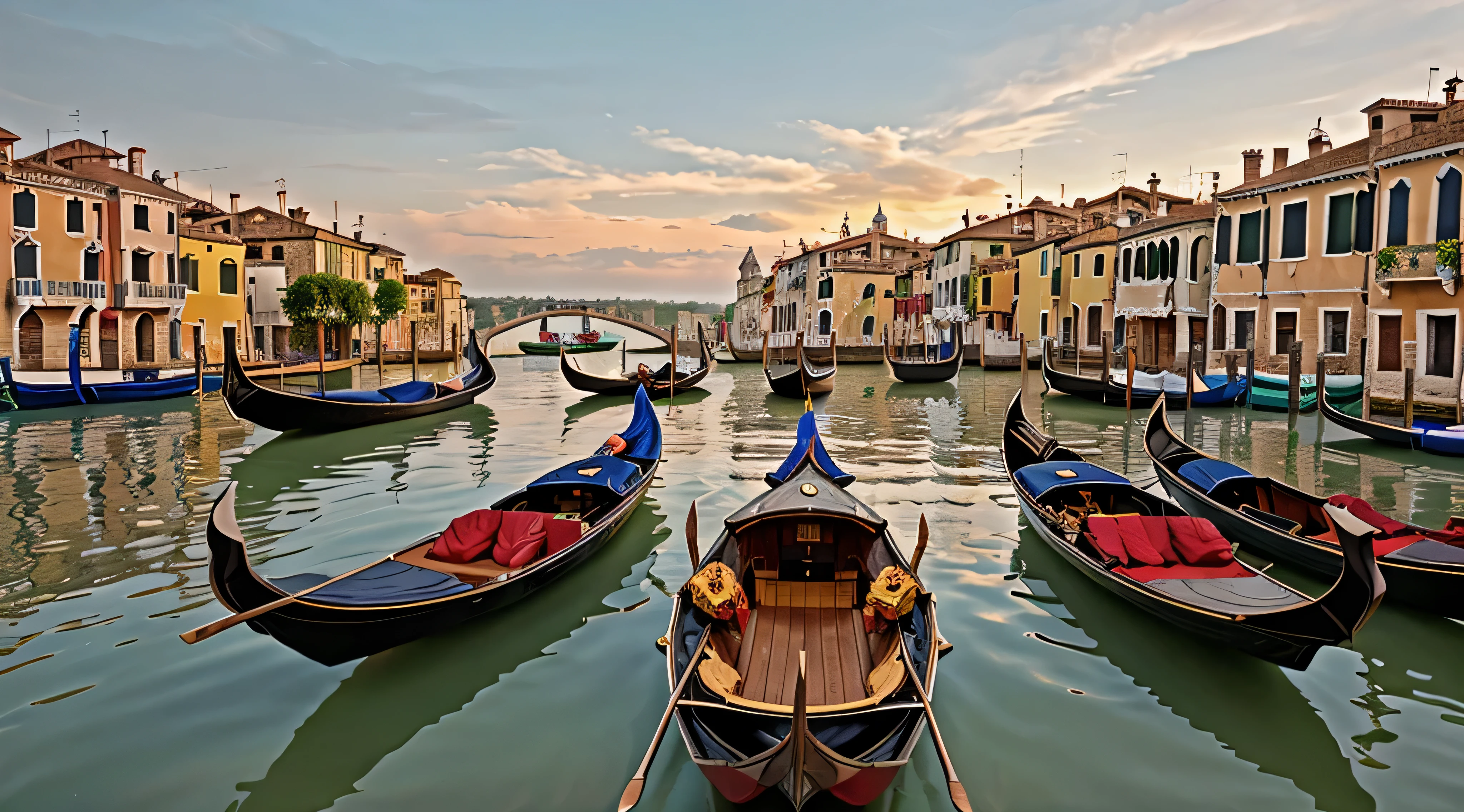 venecia, gondolas, san marcos al fondo, atardecer, 8k