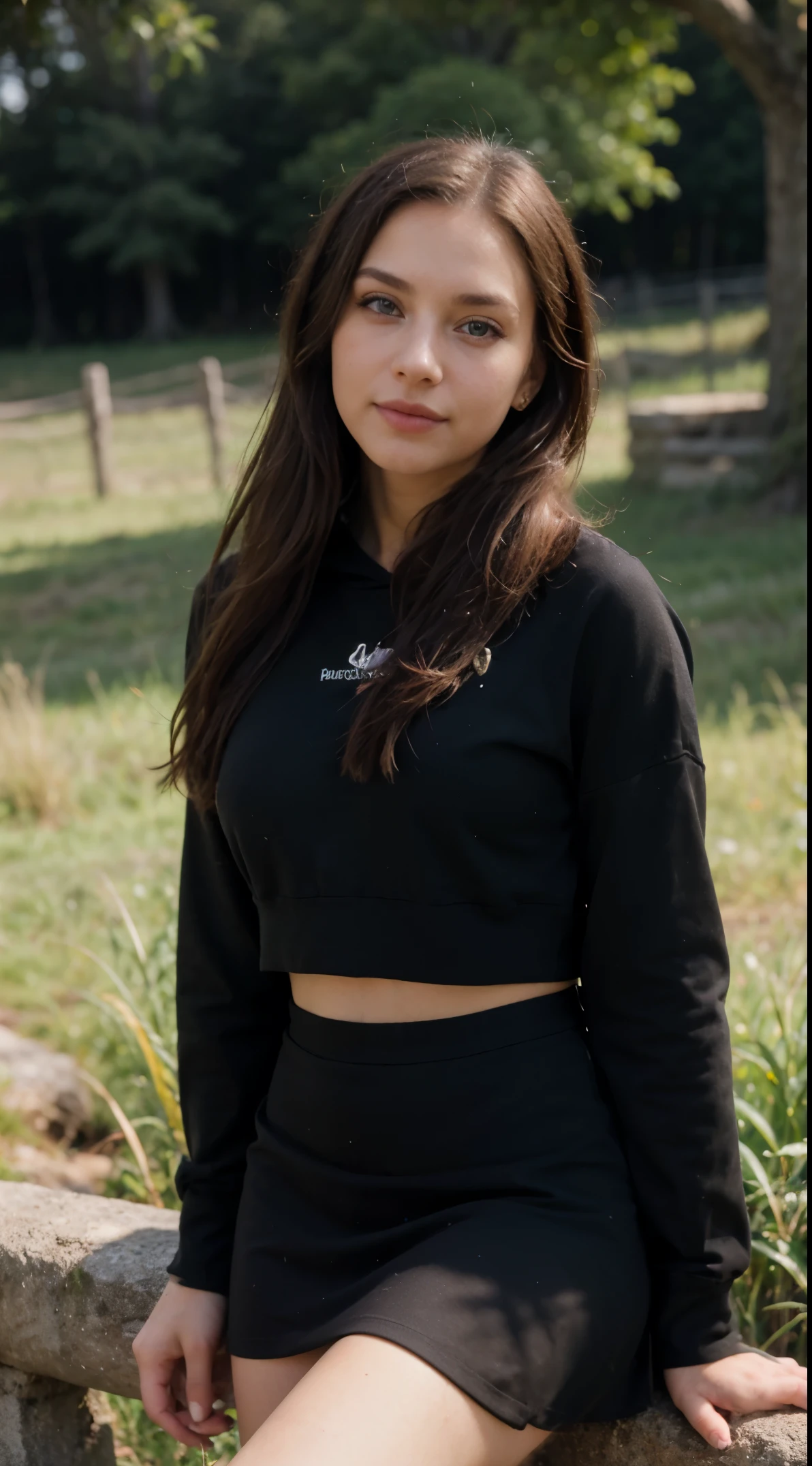 (in 8K, Raw-Photo, best quality, masterpiece:1.2), 1 girls , 20yo, full body shot, a beauty, european, Balkans ancestry, slim normal body, long hair, looking at viewer, black black BLACK normal hoodie black with long sleeves, all clothes are black, black skirt, smile, ears ring ((The highest quality, 16 k, masterpiece: 1.3)), Biologically Correct Human, reference, detailed fingers, detailed faces, detailed lips, detailed eyes, glittering eyes, realistic pupils, brown pupils, outdoor, siting, elegance, in meadow, light on the face, golden hours, ambience light, backlight, summer, cinematic look, deep depths of field, blurry background