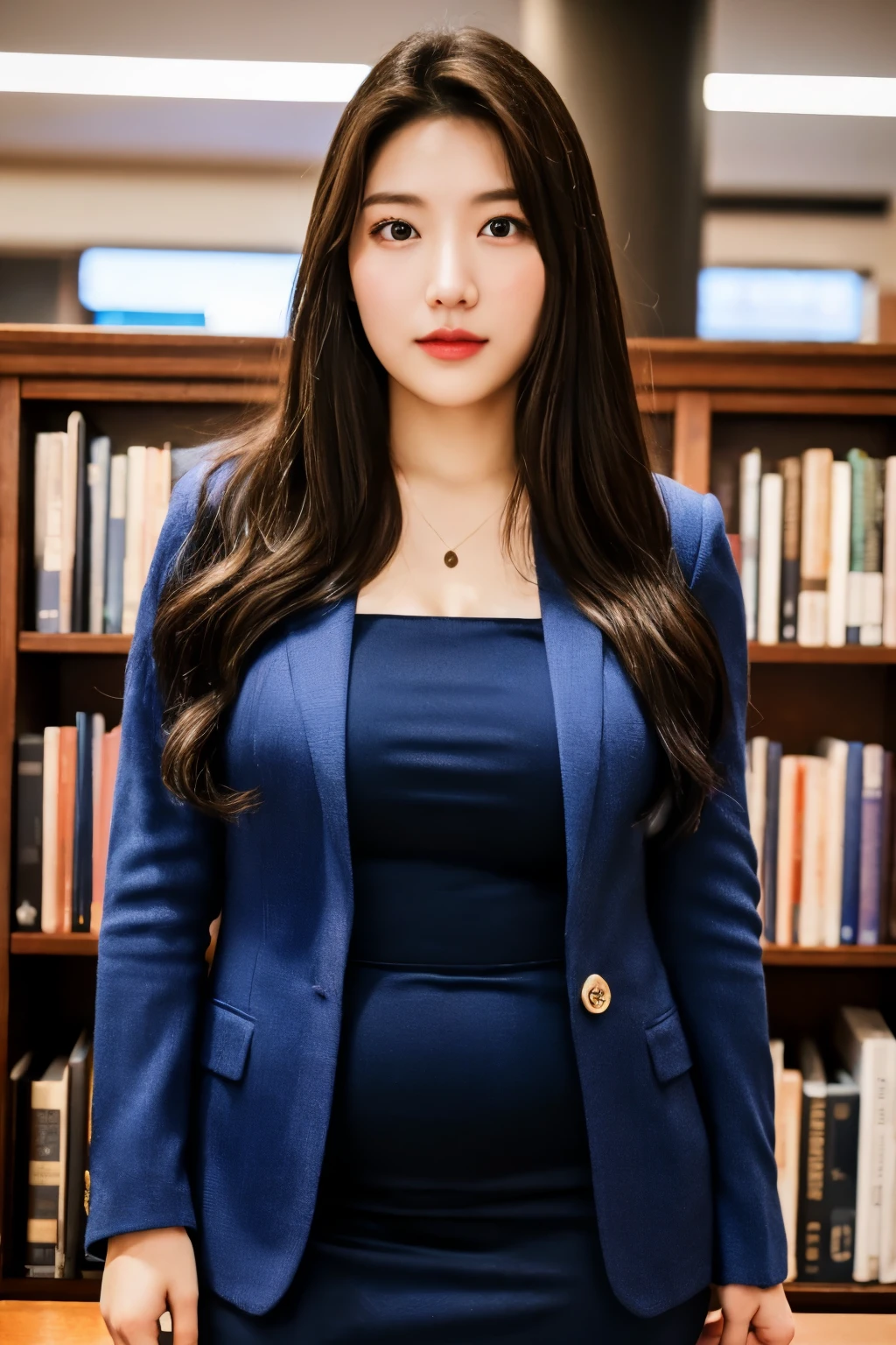 a 25yo woman、at the library、Dark blue suit、skirt by the、full bodyesbian、RAW Photography、(Photorealsitic:1.37、realisitic)、high-definition CG unified 8K wallpapers、1girl in、((thick body:1.6))、Look at viewers、((straight from front)))、(HQ Skins:1.2、shinny skin)、8K UHD、Digital SLR、Soft lighting、hightquality、film grains、marchia natea