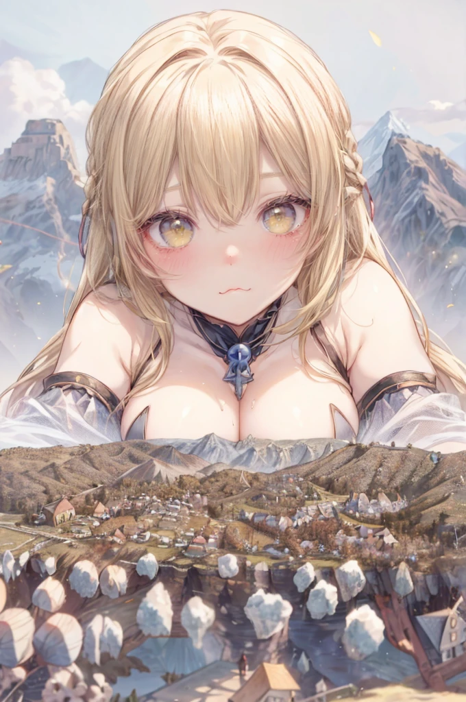 (mountains and sky backgrounds:1.7), huge landscape, (tiny armies of people on a cliff in front of a giantess breasts: 1.5), (a tiny army on a tiny hill in front of the breasts of a giantess: 1.2), a giantess looming over a tiny army on a tiny hill, (tiny adventurers: 1.1), (crowds of tiny armies on a tiny cliff in front of a girl: 1.1), (crowds of tiny armies on a cliff: 1.1), giantess girls in the background, background, (dark deep dungeon:1.3), giantess girls in the background, multiple girls, (giantess:1.1), blonde hair, yellow eyes, long cute hair, (giantess:1.2), horns, (tiny villages: 1.7), hills, cliffs, mountains, (crowds:1.4), tiny knights, wizards, fantasy, very detailed, beautiful, professionally drawn, (huge breasts), (:3: 1.1), (cleavage sweat),