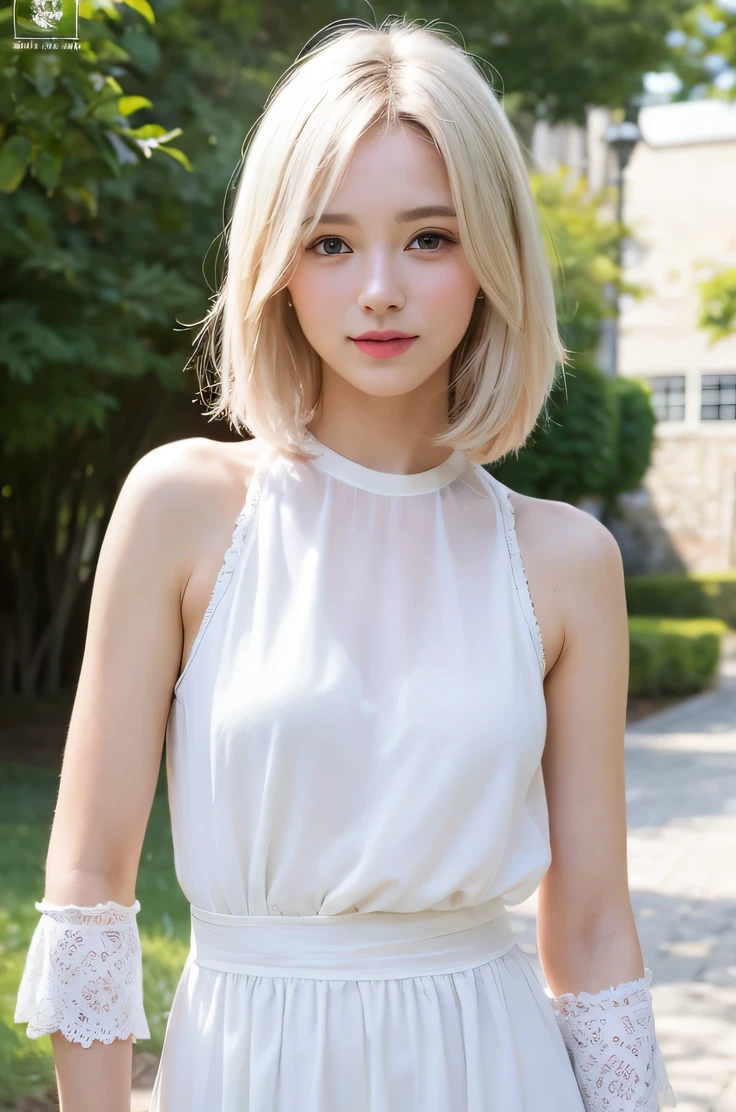 １５Caucasian model at the age, Full-body image,（(Clean clothes)), white  clothes, Skin Color, Cute impression,  White hair, A smile, (8K, Raw photography, top-quality, ​masterpiece: 1.2), ​masterpiece, Super Detail, 超A high resolution, (Realistic and realistic photos: 1.37), high-definition RAW color photography, extremely delicate and beautiful, 非常にdetaileds, 8K Wallpaper, astonishing, detaileds, 非常にdetailedsな目, 非常にdetailedsな肌, 非常にdetailedsな指, h非常にdetaileds nose, 非常にdetailedsな口, perfect anatomia, The upper part of the body, , Sheer feeling、Transparency、White Dress、, white  hair, Blue eyes, ​masterpiece, realistic skin textures, 超detaileds, shiny hair and white skin, 、 beautiful dressed body、Juvenile impression、The upper part of the body、Blue eyes、Deep carving