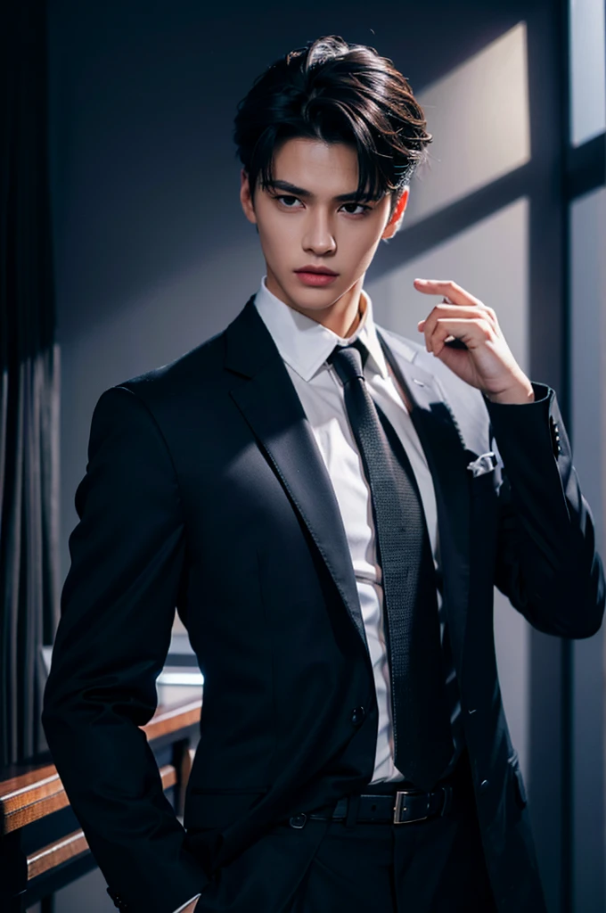 Best quality,masterpiece,ultra high res,photorealistic:1.4,1boy,light and shadow,1boy,male focus,solo,formal,black hair,bow,shirt,suit,belt,pants,black pants,black suit,white shirt,short hair,hand in own hair,jacket,long sleeves,black belt,collared shirt,