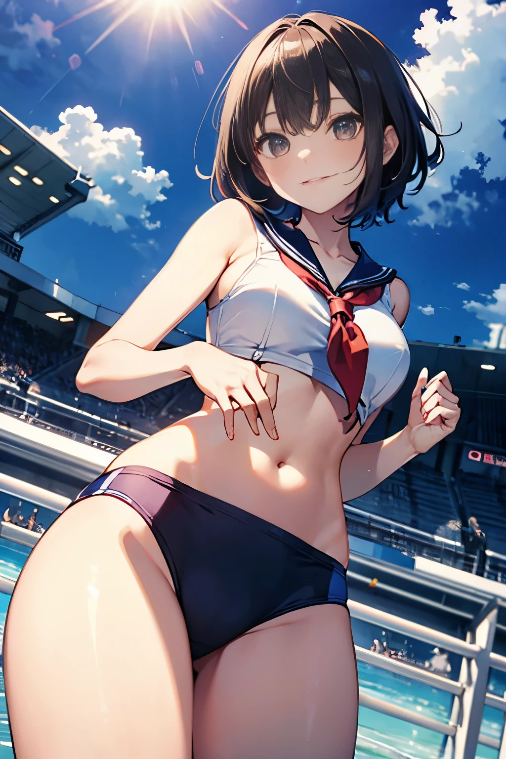 hiquality、top-quality、Full limbs、The ultra -The high-definition、Shining eyes、complete fingers、Slender beauty、Bery short hair、ssmile、Wearing a shiny sailor school swimsuit、shinny skin、Black knee high、Dramatic Writing