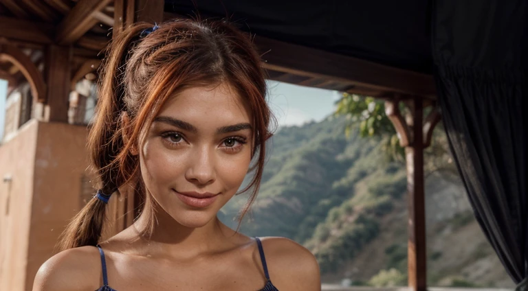 une femme aux cheveux bruns ,:: ,:: madison beer, streaming, pigtail, Photorealistic - H 6 4 0, 🎀 🧟 🍓 🧚, tu vois, live2d, looks like Laura Barriales, —ar 16:9, Sam Nassour, 5 0 s, incroyablement mignon,plan de la tête au pied , sourcils droits, avec un grand sourire, elle porte une longue robe rouge de couleur bleu et orange ciel , In Thailand