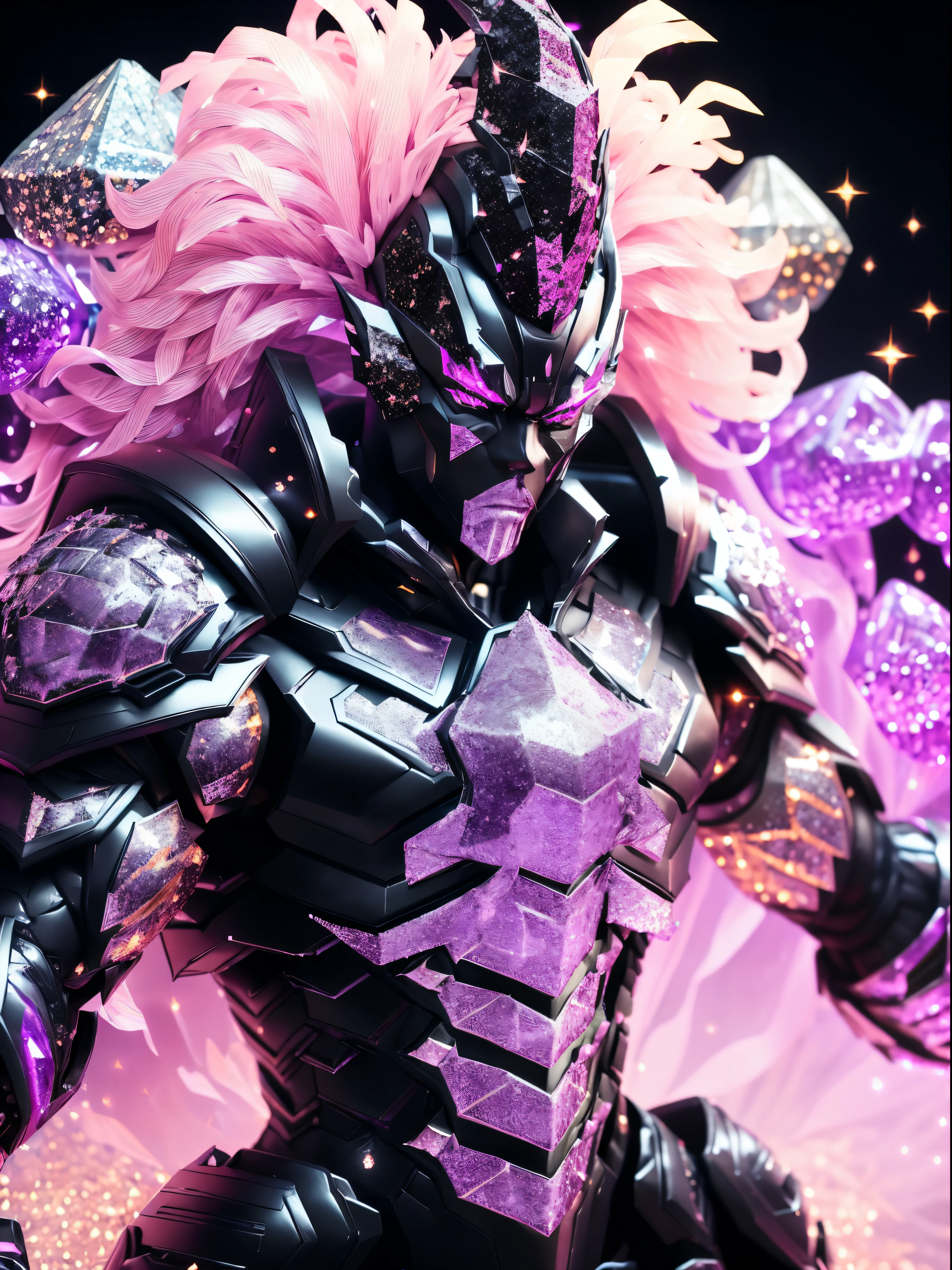 Black Villain, (black, glitter:1.5), Villain HEAD, HEAVY CRYSTAL ARMOR, TRANSPARANT, Coloured smoke with neon lights, super Villain BODY, , colourful smoke