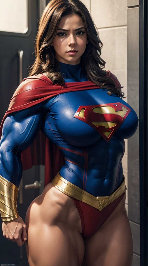Wallpaper busty muscular Supergirl, strong biceps, strong abs, hyper muscular bodybuilder, enormous breasts, round tits, large hips, wet pussy, horny, aroused