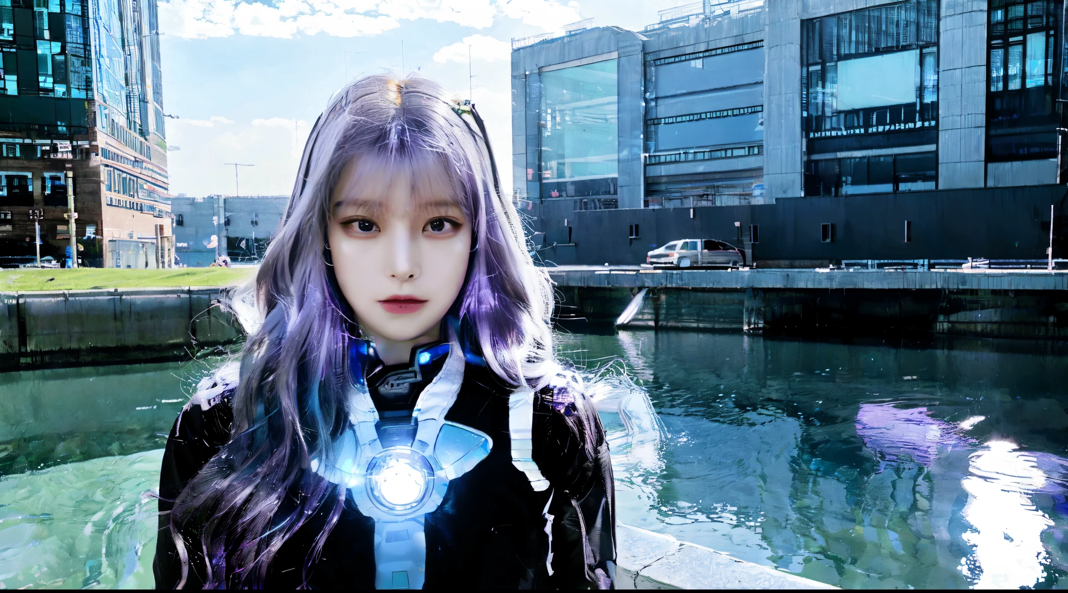 A beautiful cyber dark angel style girl with the power of water elements protecting the future city he has beautiful purple eyes light blue hair beautiful body her perfect transparent skin color beautiful.