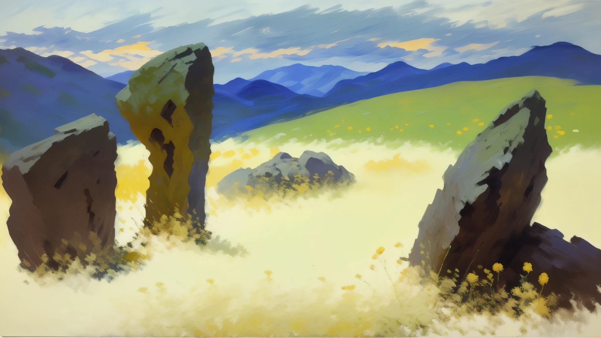 ((Oil painting 1,2)), landscape, hills illuminated by the rising sun, stones in the foreground, detailed grass, beautiful flowers, dawn, beautiful clouds, ((paint strokes)), (paint splashes), (canvas texture) , uneven edges with paint, atmospheric lighting, (impressionist style), (oil painting 1.4), ((strokes of paint 1.5 are visible)), Edouard Manet, Claude Monet, trend on artstation, deep color, impasto, (paint texture)