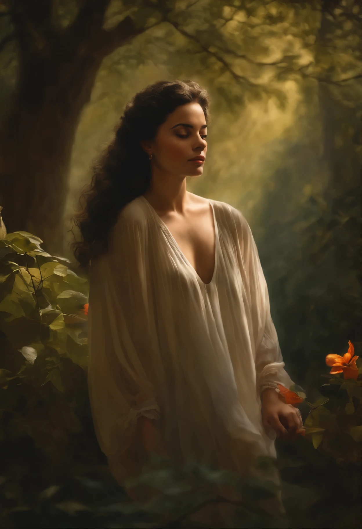 pintura antiga mulher loira com (cabelo curto loiro) no estilo caravaggio com floresta escura no fundo com luz vinda do centro
