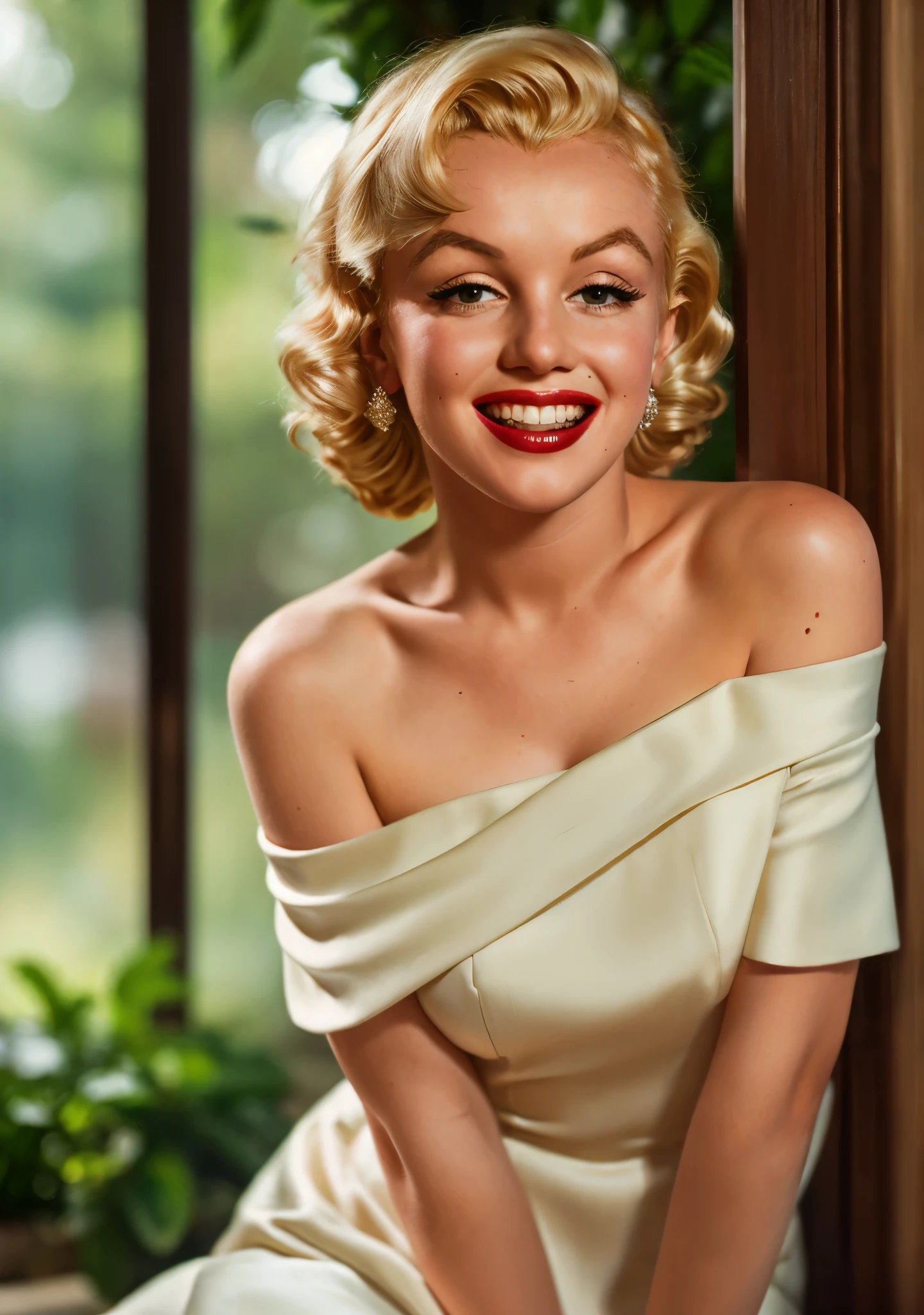 RAW photo, 1woman, portrait of  Marilyn Monroe, thin, wearing off shoulder dress, intricate, elegant, highly detailed, depth of field, natural lighting, hard focus, ray traced, (evil smile:1.2), 8k uhd, dslr, soft lighting, high quality, film grain, Fujifilm XT3