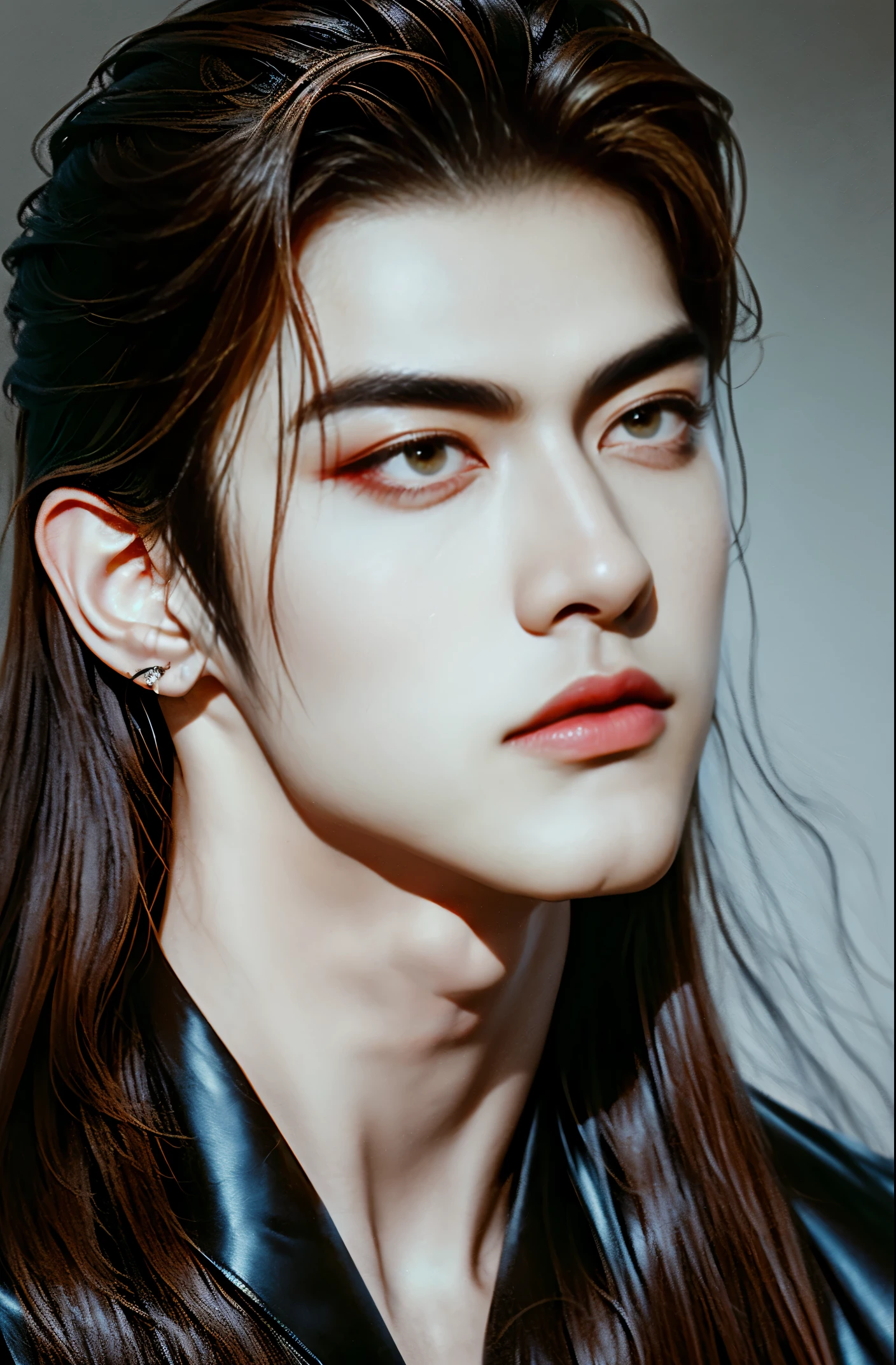 chiseled jawline, long brown hair, handsome, long dark brown hair, side bangs, full lips, angular full warrior eyebrows, alluring dark brown eyes, long dark voluminous eyelashes, black eyeliner