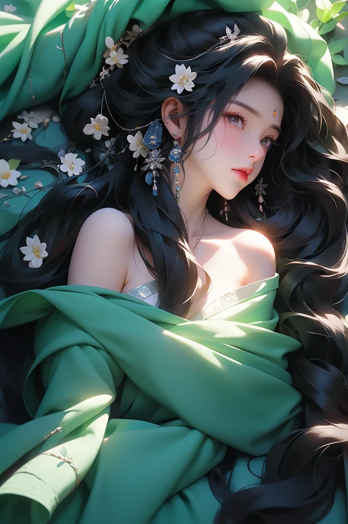 1 girl, jewelry, solo, earrings, long hair, forehead markings, black hair, necklace, bare shoulders, flowers, red lips, hair flowers, upper body, skirt, off shoulder, facial markings, head down, makeup, lips, candles, collarbones, long sleeves, tears streaming down, crying, Tyndall effect, 8k, large aperture, masterpiece of the century, sit, maple leaf, doorway, corridor, Sun on face,