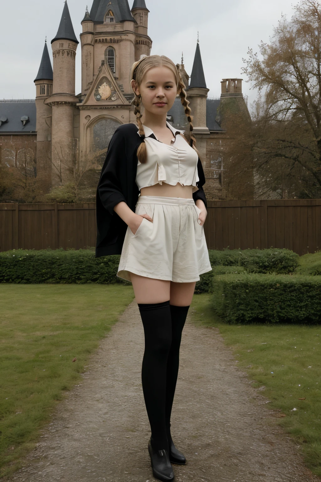 A ite European blonde youn girl witch pigtails, pretty, small Full body.