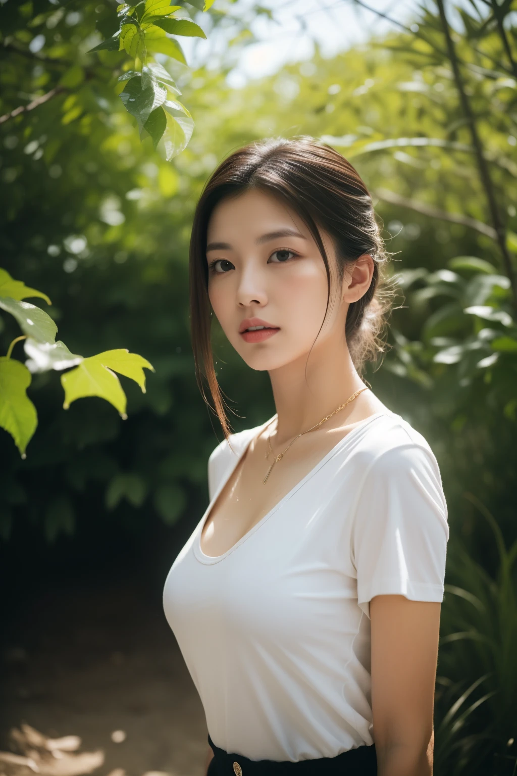 asian lady wear wet wide neck T-shirt,wet, rain, wide neck, black strap, necklace, small breast, rounded shape breast, ((she)), ((mid-shot, full body, slender waist)), Hair Up Do、 Glowing eyes, nose blush, Carl Larsson, Alfonse Mucha, Chiaroscuro, Film Glenn, reflective light, (((mid-Shot))), waist to top,longshot show full body, masterpiece, high details, sun light on her, leaf shading, (()) ,