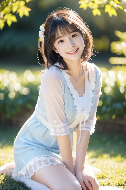 (((​masterpiece))), (((Full body photo)))， (One beautiful Japan girl, Innocence，kawaii) ，超A high resolution, Realistic, ultra-detailliert, 8K,top-quality, Extremely detailed, Detailed background,A slender,very beautiful japanese girl, (Detailed face:1.3), (Bery short hair，fluffy hairstyle，A dark-haired :1.4), (a baby face，kawaii系,adorable 14 year old girl), (Perfect body:1.1), (white frills，Light blue camisole dress，White fluffy skirt，Thin cardigan), Gentle smile，Please show me your beautiful teeth,((beautiful thigh))，sexy  pose，rosy cheeks，Super Detailed Face、Detailed lips、A detailed eye、small junior gravure idol，Transparent skin、Lori，Photorealistic:1.37，no-makeup，autumn night，In the park，light from outside lights