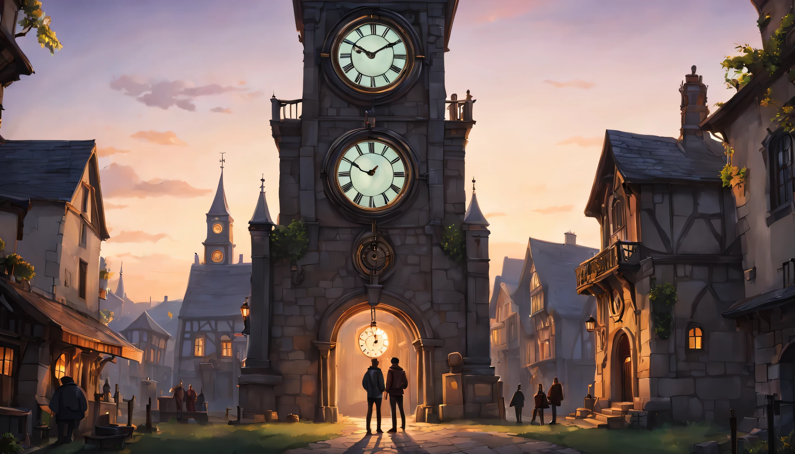 Magical town with giant clocks, in middle ancient clocktower with portal. Jake and Tyler, Standing near clocktower, details illuminated by the midnight glow, scene from back