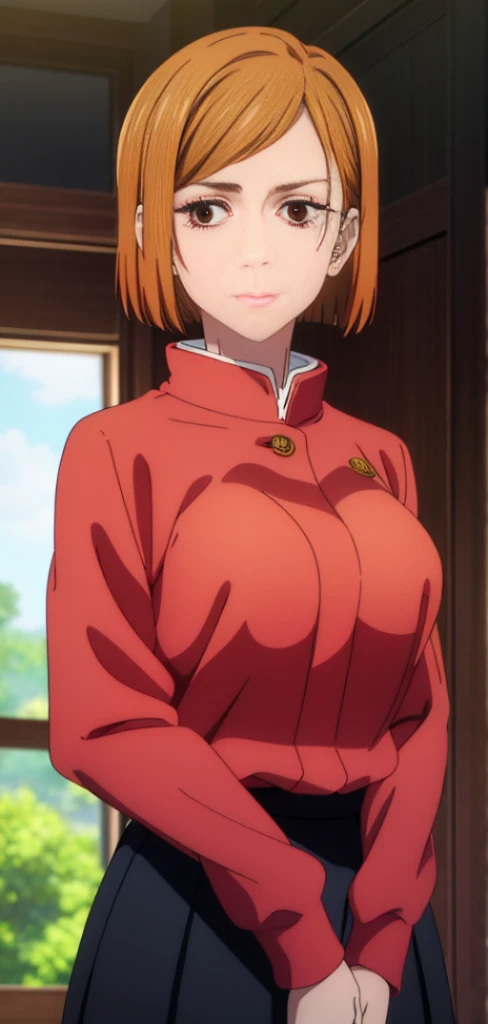 (masterpiece), (best quality), (ultra-detailed), (best illustration), (best shadow), (absurdres), nobarakugisakinova, short hair, orange hair, ((brown eyes)), kugisaki nobara, school uniform, 1girl, solo, jacket, bangs, gakuran, closed mouth, long sleeves, looking at viewer, upper body, Beautiful character design, official art,extremely detailed CG unity 8k wallpaper, perfect lighting,Colorful,shiny skin, (masterpiece:1.0),(best_quality:1.0), ultra high res,4K,ultra-detailed, photography, 8K, HDR, highres, absurdres:1.2, Kodak portra 400, film grain, blurry background, bokeh:1.2, lens flare, (vibrant_color:1.2), (beautiful_face:1.5),(narrow_waist),nsfw, shirt lift,large breast,bra,solo,lingerie,NSFW,clothes lift