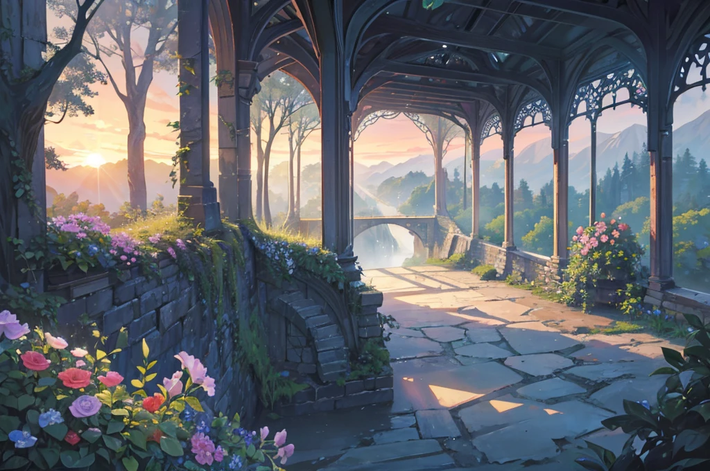 absurdres, best quality,ultra-detailed, fine detailed, 8k, scenery, landscape, no humans, wide shot, breathtaking sights, Spectacular views, twilight sky, Dawn sky, Sunrise sky, the morning sun, Blue Hour, the golden hour, early morning, great forest, unexplored region, inside greenhouse with decoration, inside Intricate European Bird Cage, ancient bridge, flower garden, ruins, forest, waterfall, nature, ray tracing, refraction, cinematic lighting, fisheye lens, tyndall effect