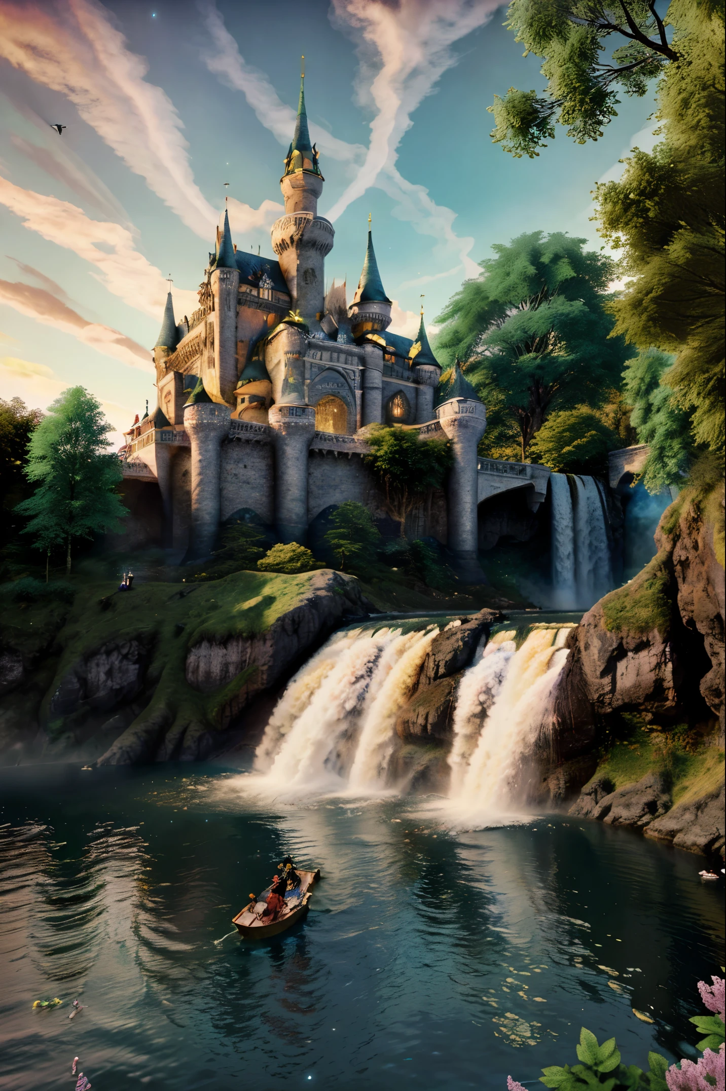 Fantastic fairytale castle, Waterfalls flow into the sea, Galaxien und Planeten im Himmel, phantasievoll, sonnig, reich, exquisit, stilvoll, opulent, Highly detailed, mystisch, skurill, 3D, Escher style, Pulp Art, (Meisterwerk: 1.2), best qulaity, highest resolution, Tausende Einzelheiten