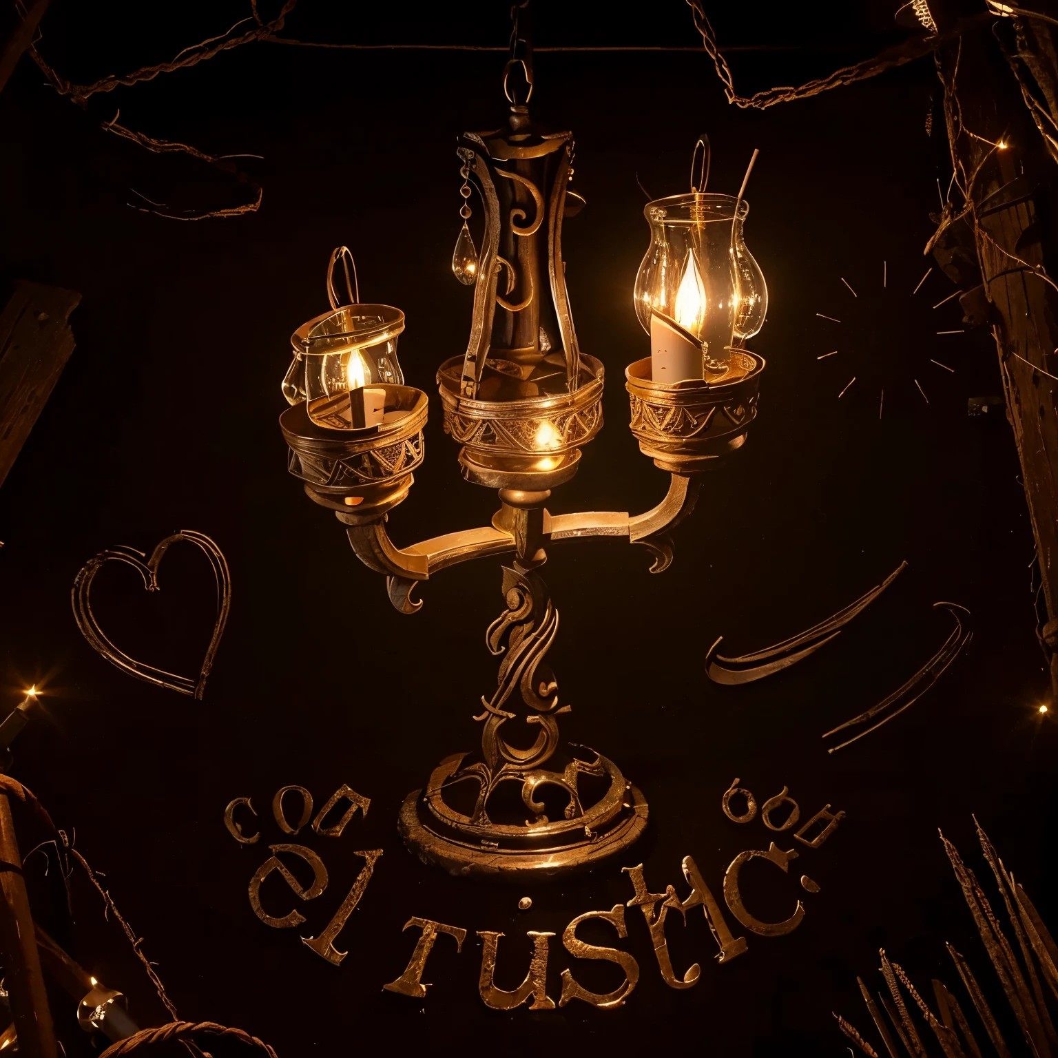 A rustic three-candle chandelier for a medieval logo with the phrase EL RÚSTIC
