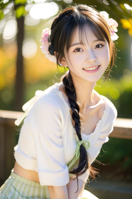 (((​masterpiece))), (((Full body photo)))， (One beautiful Japan girl, Innocence，kawaii) ，超A high resolution, Realistic, ultra-detailliert, 8K,top-quality, Extremely detailed, Detailed background,A slender,very beautiful japanese girl, (Detailed face:1.3), (My hair is tied up，A dark-haired :1.4), (a ，kawaii系,adorable 14 year oPerfect body:1.1), (white frills，Light green camisole，White fluffy skirt，Thin cardigan), A smile，Show your beautiful teeth,((beautiful thigh))，sexy  pose，rosy cheeks，Super Detailed Face、Detailed lips、A detailed eye、small junior gravure idol，Transparent skin、Lori，Photorealistic:1.37，no-makeup，autumn night，In the park，light from outside lights