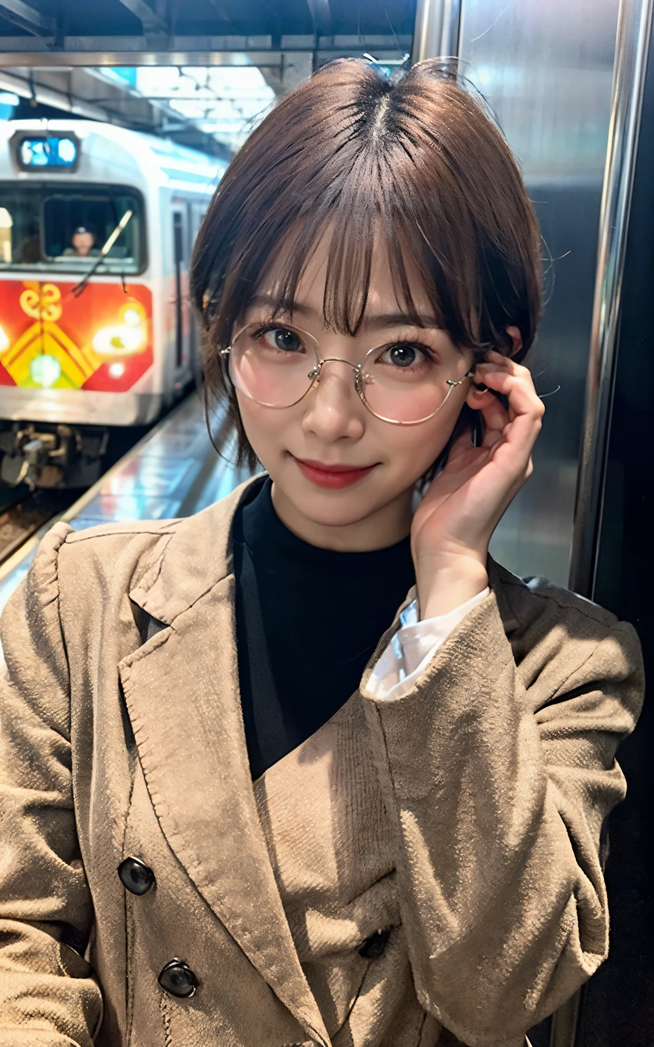 (8K, Raw photography, top-quality, masterpiece:1.2), (realisitic, Photorealsitic:1.37), ultra-detailliert, high resolution, see the beholder, beautifull detailed face, A smile, Constriction, (Slim waist) :1.3), short-cut, Beautiful detailed skin, Skin Texture, Floating hair, Professional Lighting, Wait for the platform train, Square glasses with black rimming, Whole human body, Brown hair
