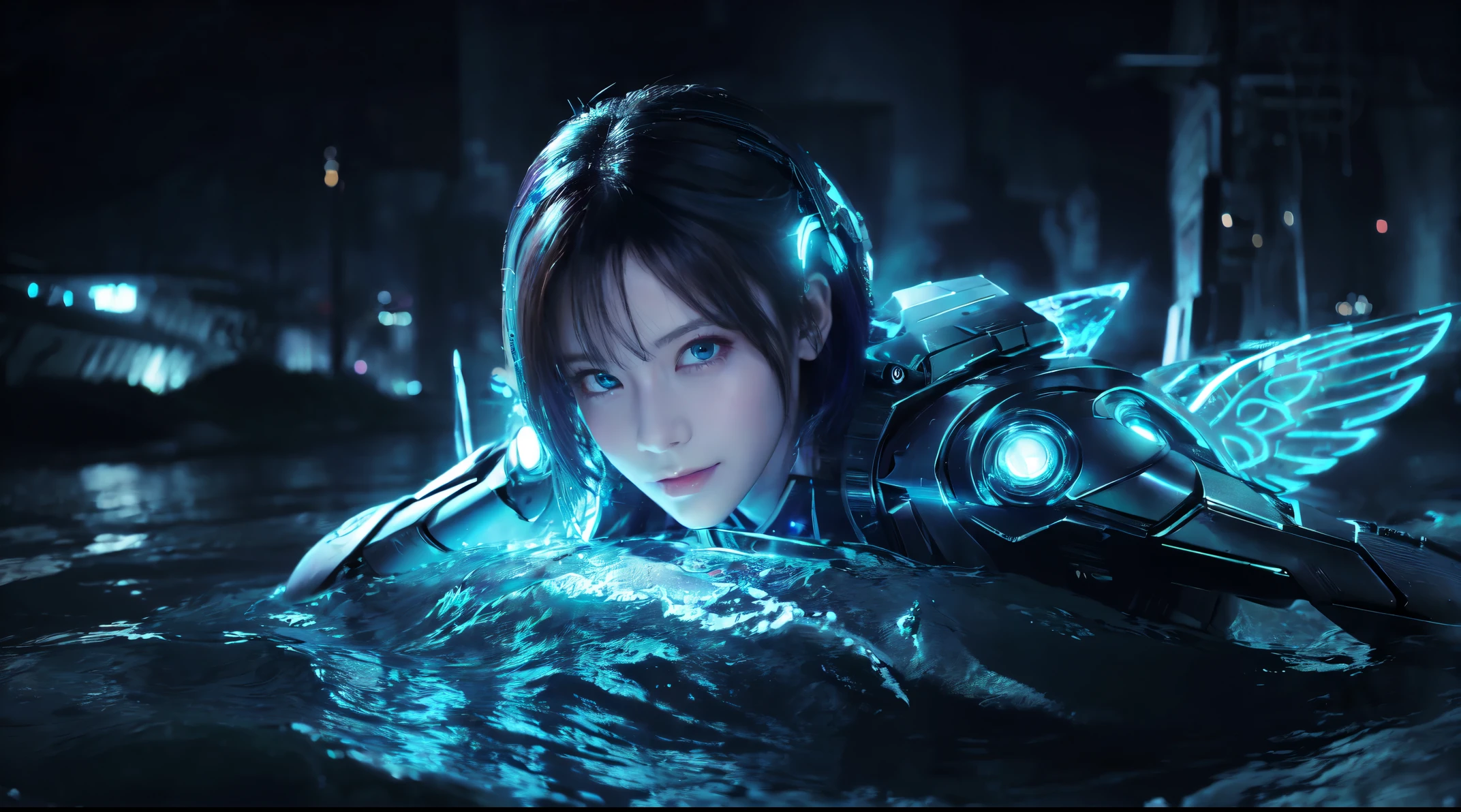 A beautiful cyber dark angel style girl with the power of water elements protecting the future city he has beautiful purple eyes light blue hair beautiful body her perfect transparent skin color beautiful.