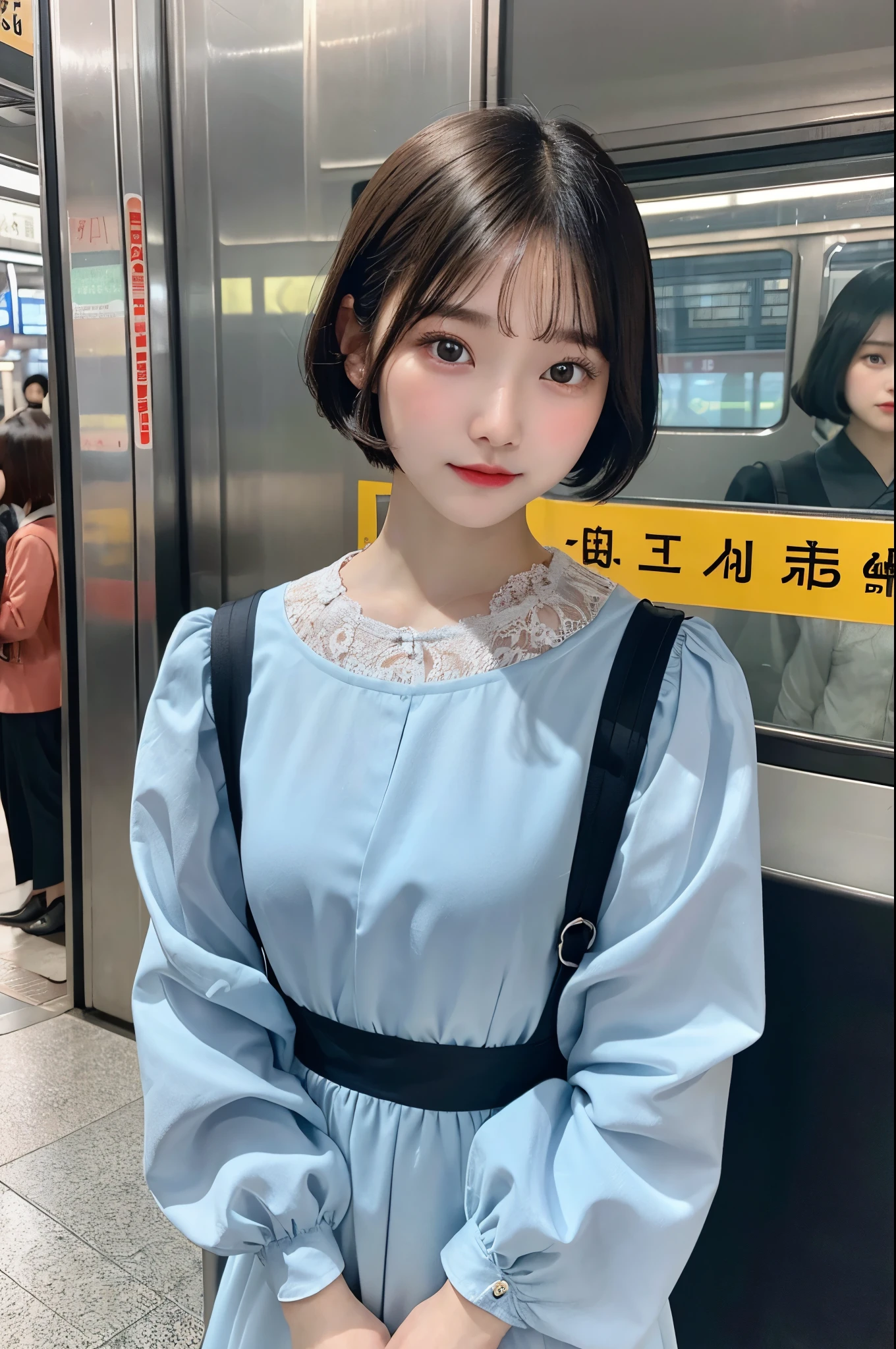 Top image quality、4K picture quality、8K picture quality、Height 145 cm、22year old、a baby face、with round face、Japanese bob short hair、Wearing a dress with long sleeves、Standing in front of me on a crowded train、Watching from above、Hands on chest