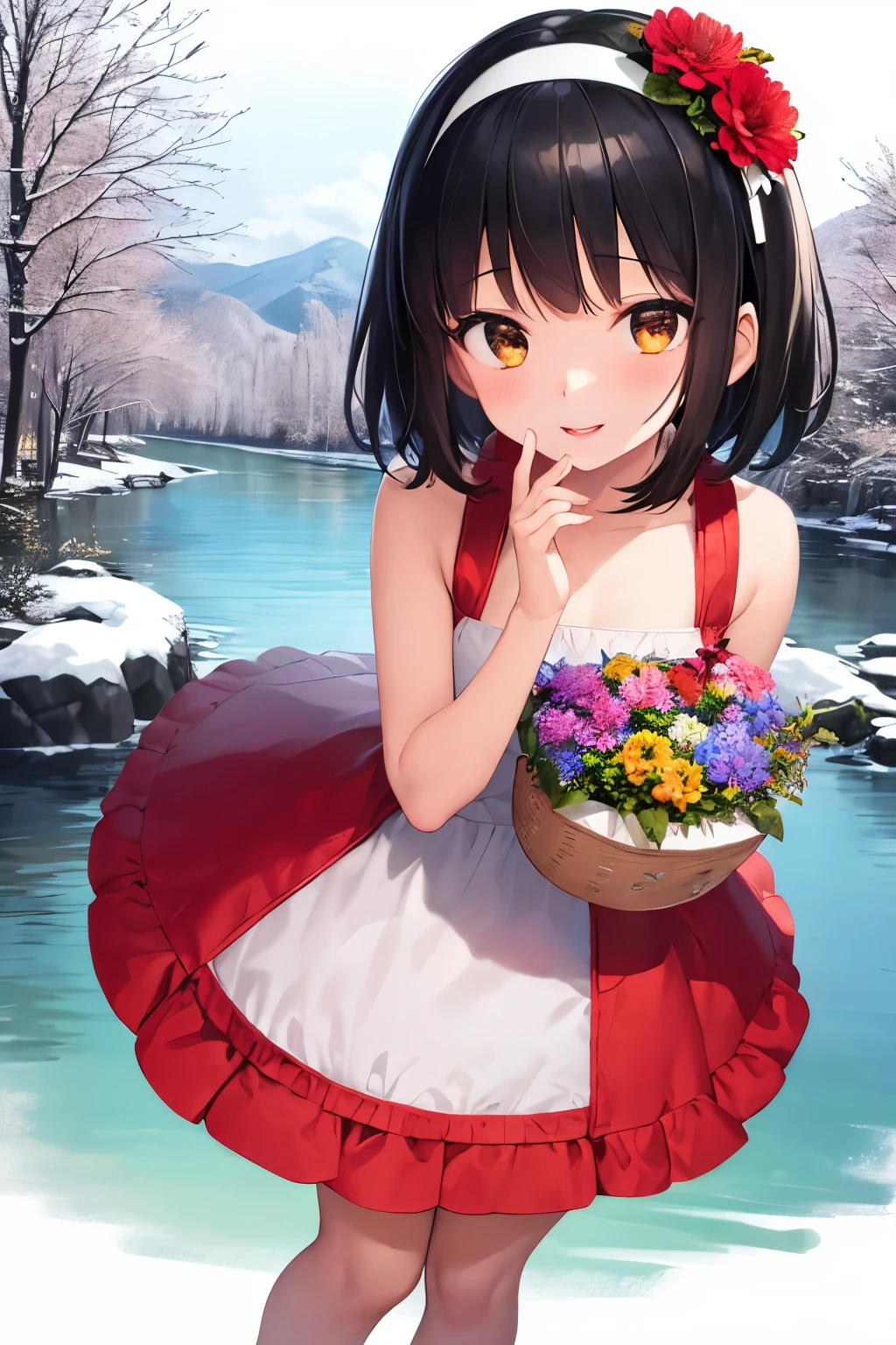 ((best quality)), 1 girl, 6 years old, fluffy red cheeks, silky black short hair, open hair with flower hairband, a basket with full of flowers in hand, winter background , red skirt and white shirt (dress), black sandles, a river and trees in background , and cute perfact face, red lips, black shiny eyes, smily face,