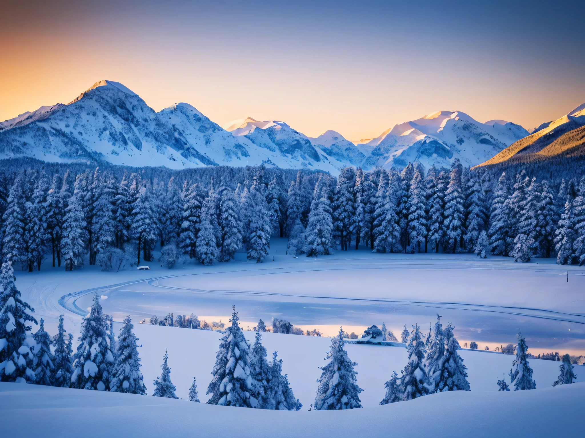 photo of a landscape with snow, small details, photorealistic, 8k uhd, dslr, soft lighting, high quality, beautiful view, mountains at sunrise