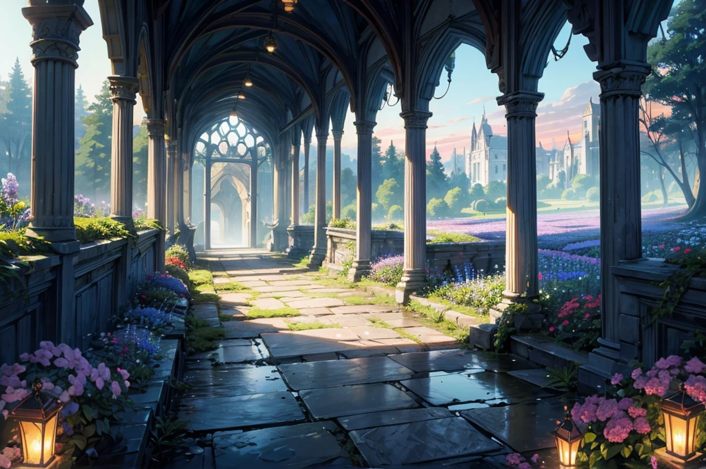 absurdres, best quality,ultra-detailed, fine detailed, 8k, scenery, landscape, no humans, wide shot, breathtaking sights, Spectacular views, twilight sky, Dawn sky, Sunrise sky, the morning sun, Blue Hour, the golden hour, early morning, great forest, unexplored region, inside greenhouse with decoration, inside Intricate European Bird Cage, ancient bridge, flower garden, ruins, forest, waterfall, nature, ray tracing, refraction, cinematic lighting, tyndall effect