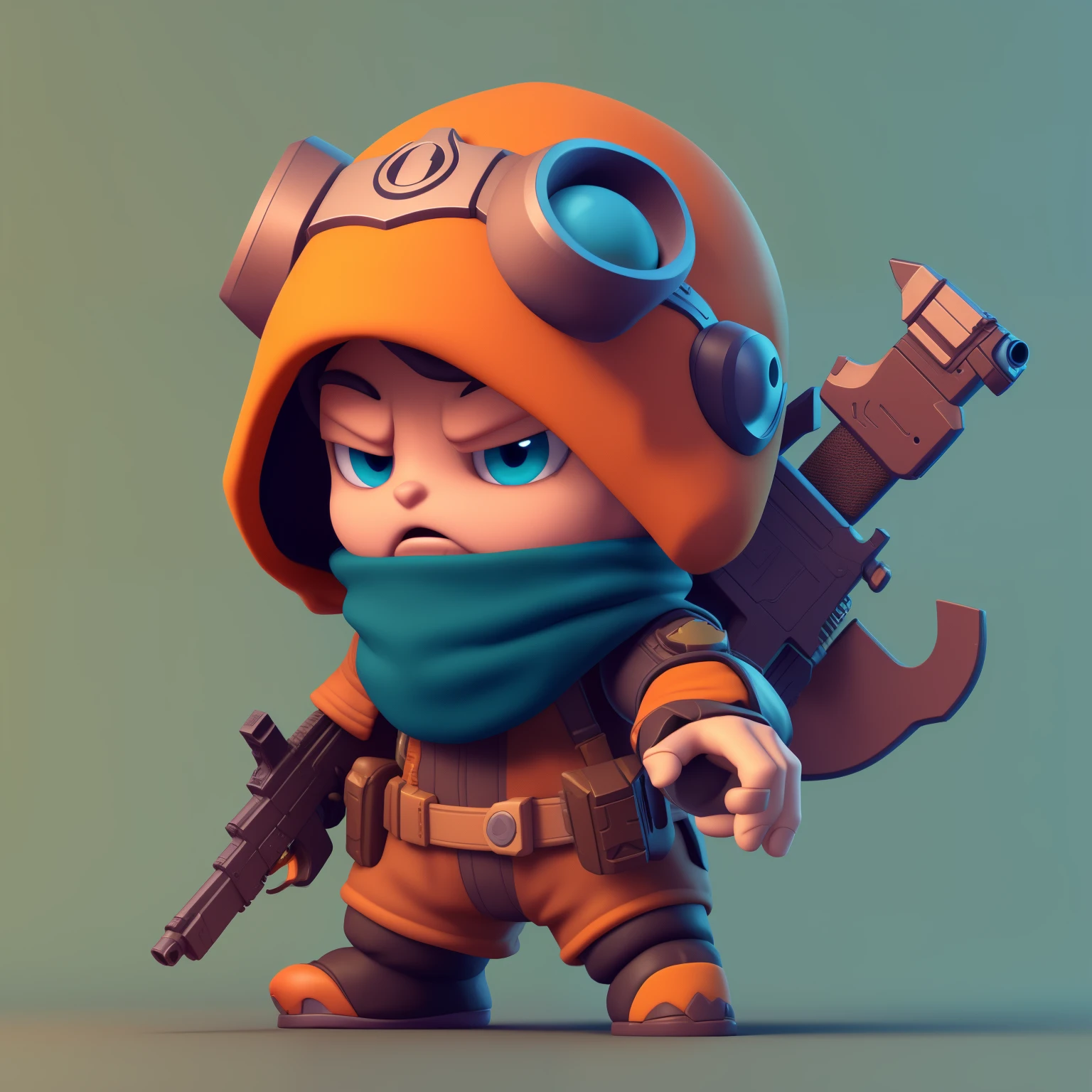 um close up de um personagem de desenho animado com uma arma e um capacete, 3 d render stylized, arte estilizada do jogo, 3d rendering stylized, arte do personagem do jogo, 3D estilizado, bonito 3 d render, game character video design, design de personagem muito estilizado, design de personagens do jogo, Arte do conceito de personagem 3D, with a gun in his right hand and another on his back. Motor Unreal 5, detalhe, cara de bravo e vencedor. ultradetalhista