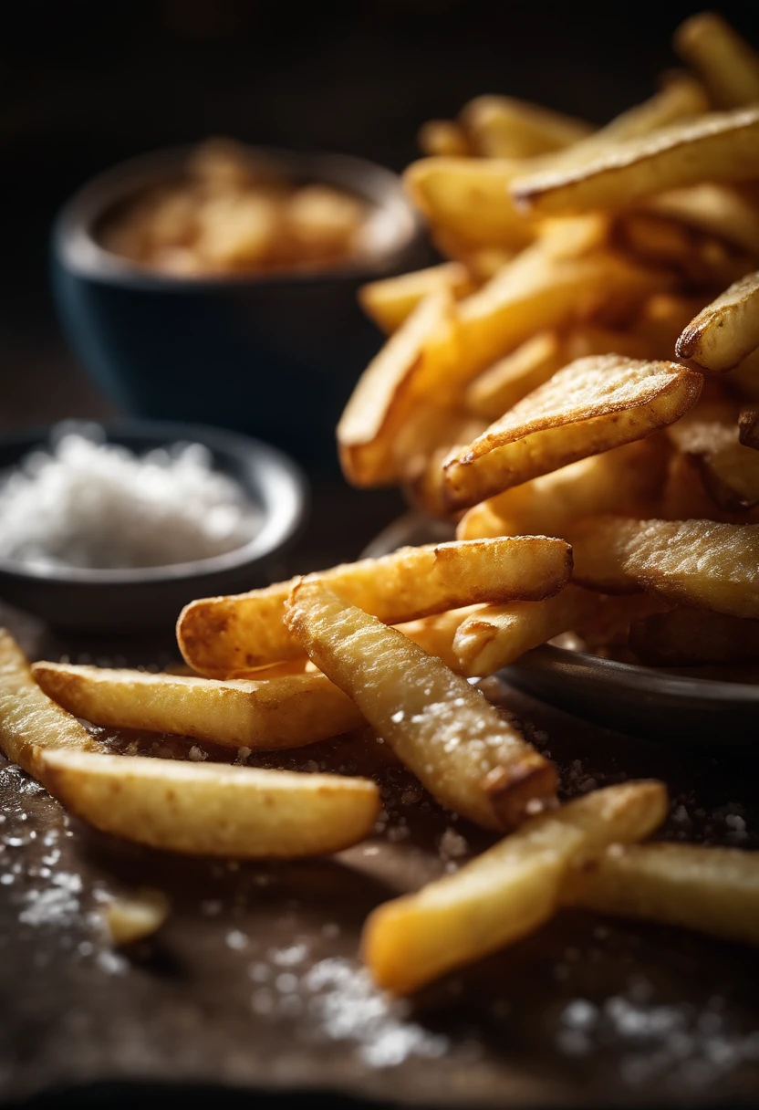 A high-resolution image of a plate of crispy, golden french fries, with the salt crystals glistening on their surface, capturing the irresistible appeal of this classic potato dish