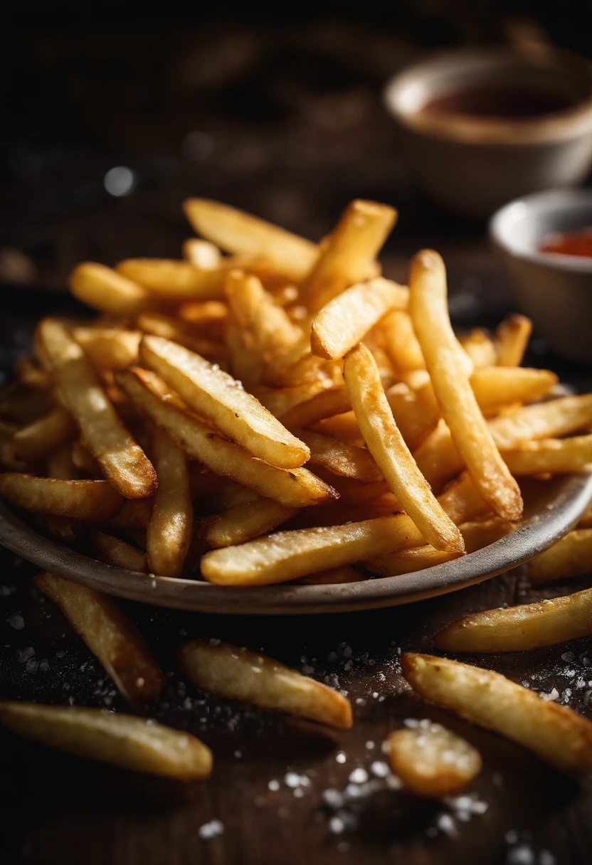 A high-resolution image of a plate of crispy, golden french fries, with the salt crystals glistening on their surface, capturing the irresistible appeal of this classic potato dish