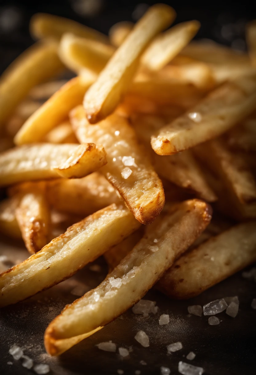 A high-resolution image of a plate of crispy, golden french fries, with the salt crystals glistening on their surface, capturing the irresistible appeal of this classic potato dish
