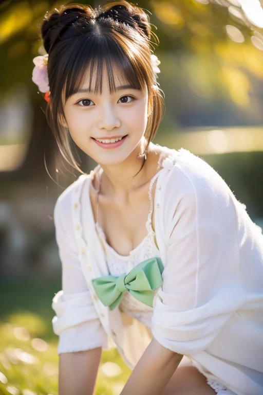 (((masterpiece))), (((Full body photo))), (One beautiful Japan girl, Innocence,kawaii) ,超A high resolution, Realistic, ultra-detailliert, 8K,top-quality, Extremely detailed, Detailed background,A slender,very beautiful japanese girl, (Detailed face:1.3), (her hair is tied in two buns,A dark-haired :1.4), (a ,kawaii系,adorable 14 year oPerfect body:1.1), (white frills,Light green camisole,White fluffy skirt,Thin cardigan), A smile,Please show me your beautiful teeth,((beautiful thigh)),sexy pose,rosy cheeks,Super Detailed Face、Detailed lips、A detailed eye、small junior gravure idol,Transparent skin、Lori,Photorealistic:1.37,no-makeup,autumn night,In the park,light from outside lights