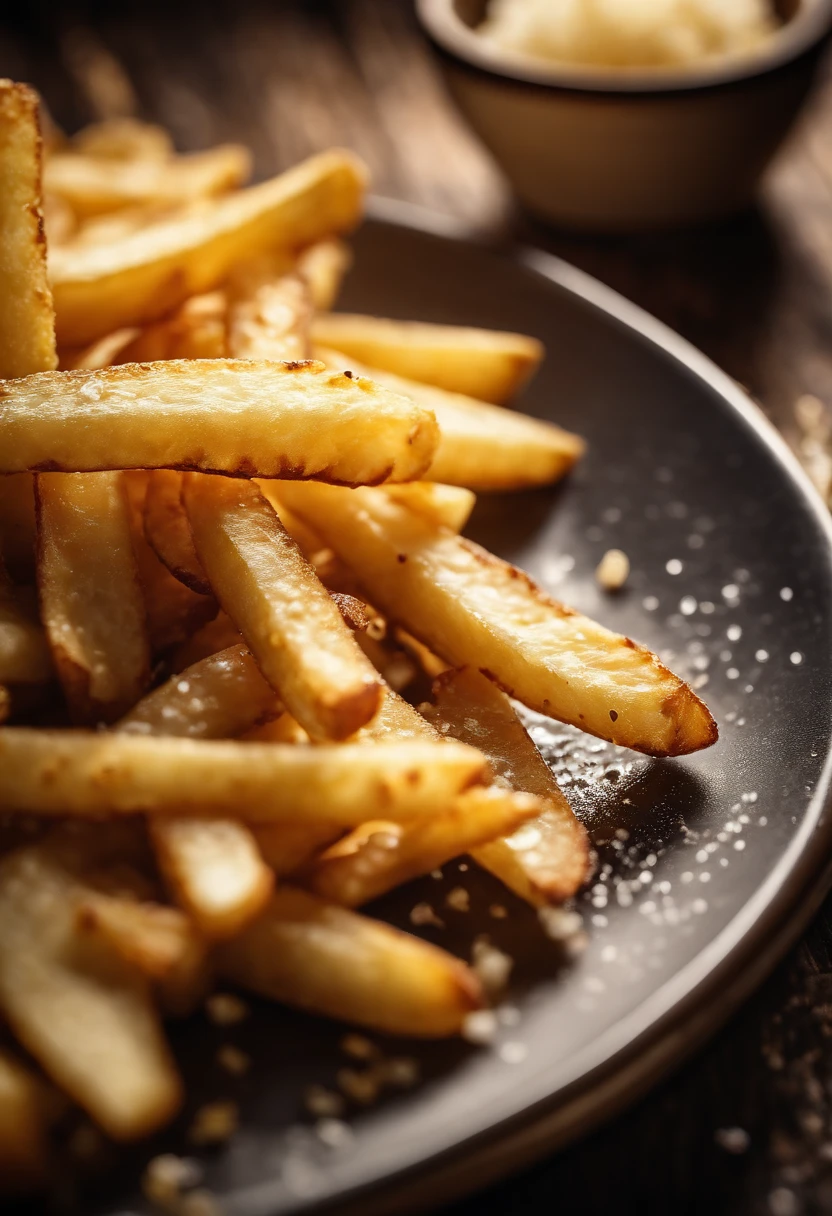 A high-resolution image of a plate of crispy, golden french fries, with the salt crystals glistening on their surface, capturing the irresistible appeal of this classic potato dish