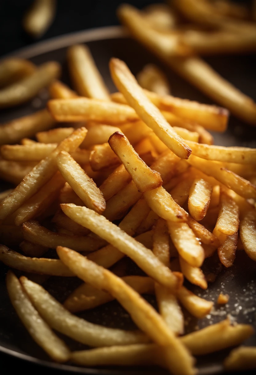 A high-resolution image of a plate of crispy, golden french fries, with the salt crystals glistening on their surface, capturing the irresistible appeal of this classic potato dish