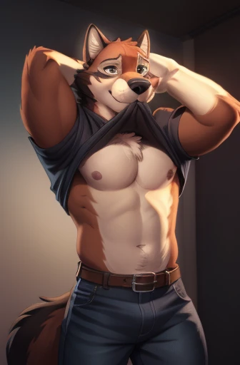 leo alvarez, muscular, bara, wolf tail, (posing:1.3), (soft shading), 4k, hi res, five fingers, detailed hands, ((detailed face, (detailed eyes:1.0), detailed)), by zackarry911, by zaush, (by personalami:0.5), solo, looking at viewer, short hair, shirt, 1boy, navel, nipples, full body, male focus, thighs, belt,  stomach, clothes lift, black shirt, kneeling, mouth hold, shirt lift, thick thighs, abs, denim, lifted by self, arm behind head, bulge, bare pectorals, seductive smile, clothes in mouth, shirt in mouth,  erect, penis