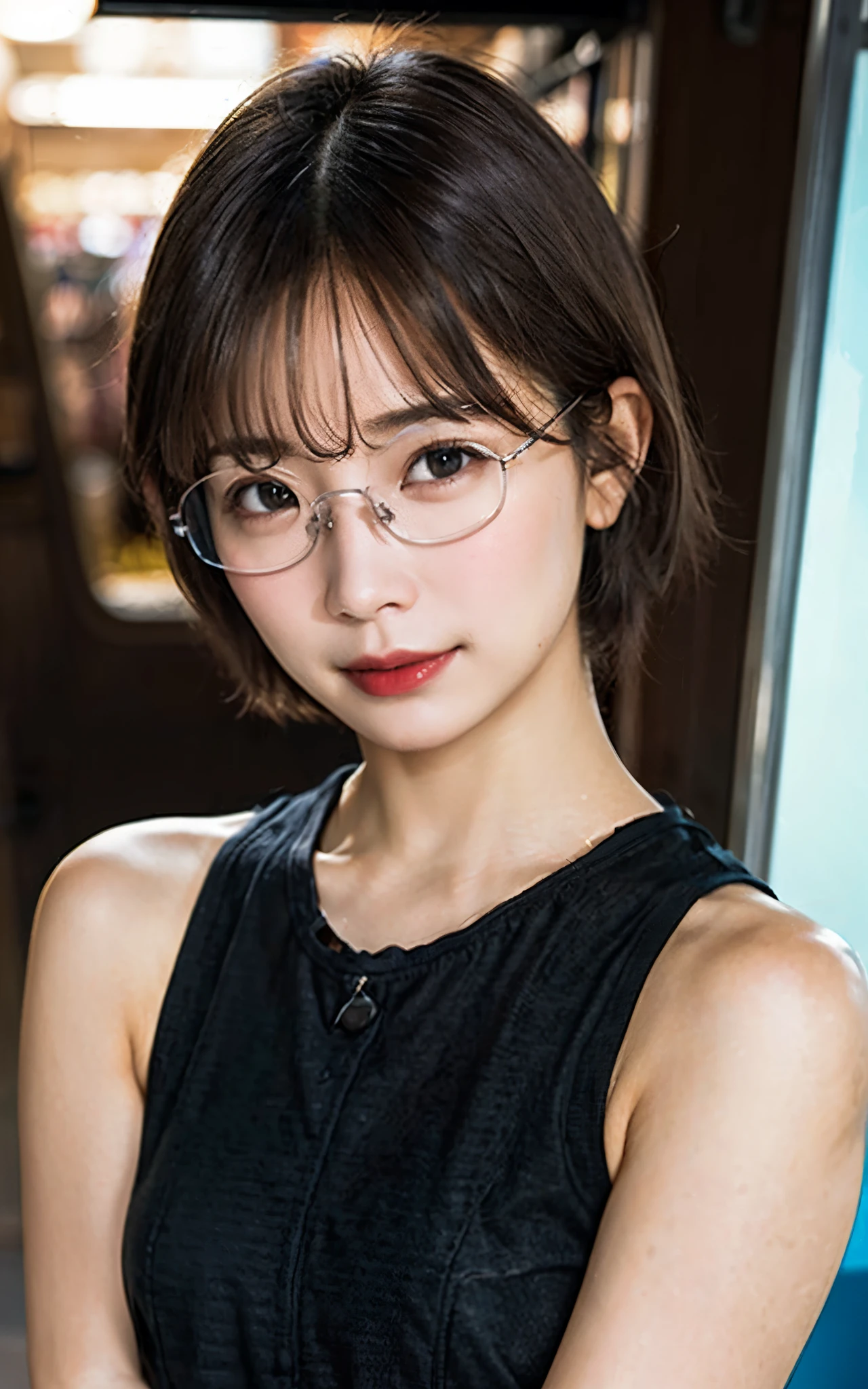 (8K, Raw photography, top-quality, masterpiece:1.2), (realisitic, Photorealsitic:1.37), ultra-detailliert, high resolution, see the beholder, beautifull detailed face, A smile, Constriction, (Slim waist) :1.3), short-cut, Beautiful detailed skin, Skin Texture, Floating hair, Professional Lighting, Wait for the platform train, Square glasses with black rimming, Whole human body, Brown hair