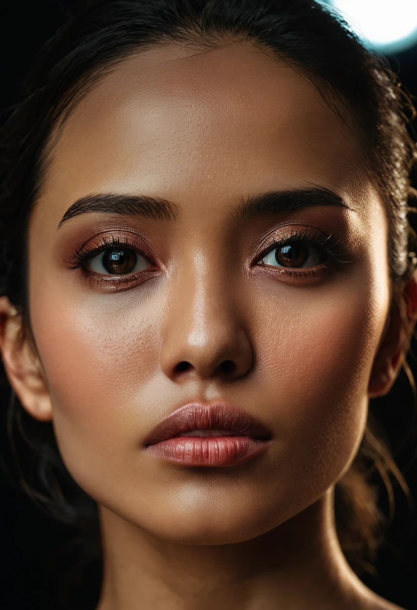 Potrait of a Beautiful Indonesian Girls, HyperRealistic Facial Features, Natural Sexy Lips, Translucent Skin, Brown Eyes, Perfect Cheekbones, Taken on a Studio with Clear Black Backgrounds, Backdrop Lights, Dual Exposure, Shot by Hasselblad X1D II 50C, Medium Format Camera combine with Hasselblad XCD 80mm f/1.9, ISO 400, 1/60. An aperture setting of f/2.8.