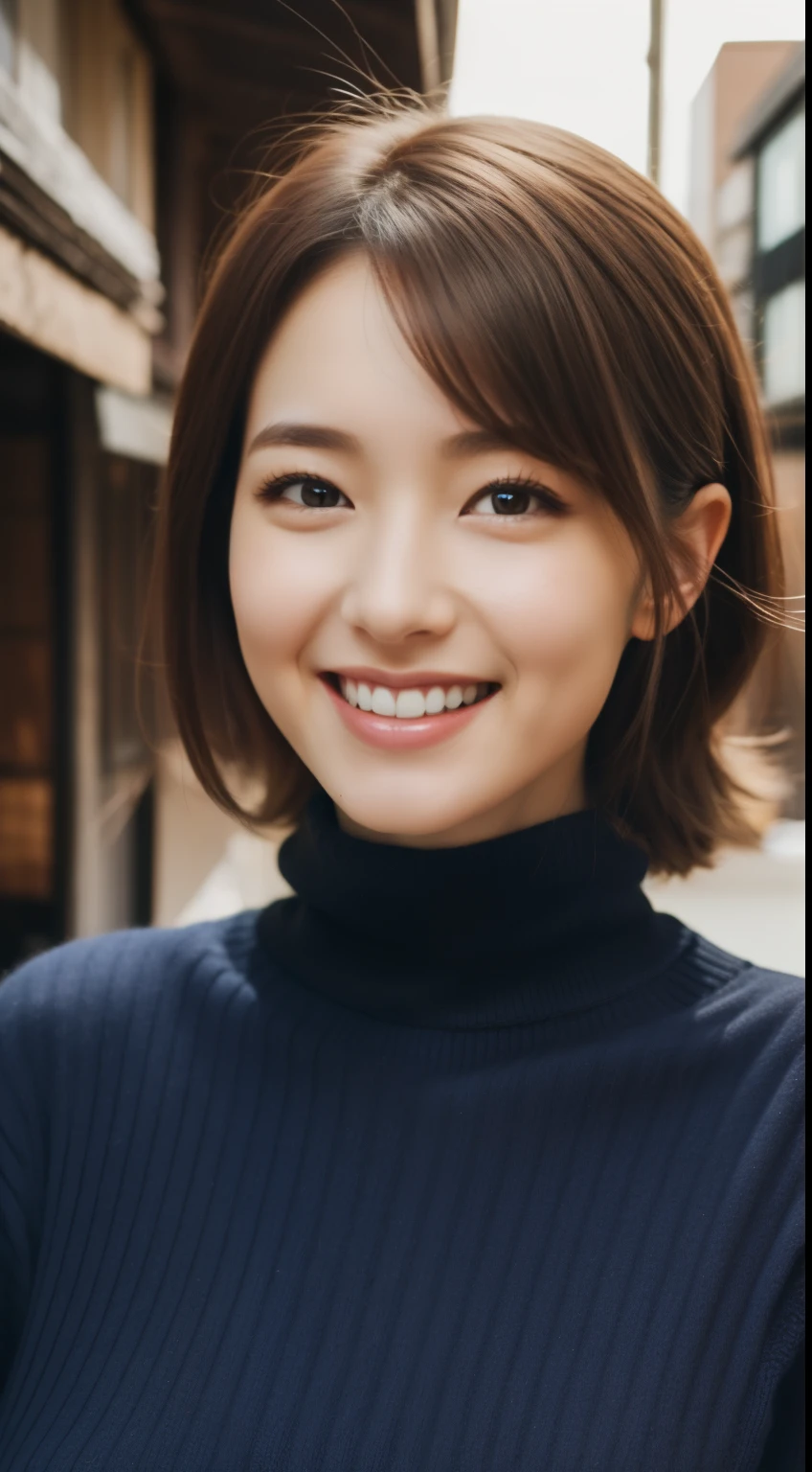 The face of a hostess、turtleneck wool sweater、hiquality、A hyper-realistic、healthy、Smiling expression、Slender perfect figure、Japan Beauty、 perfect eyes、Beautiful skin、The upper part of the body、The city of Kyoto