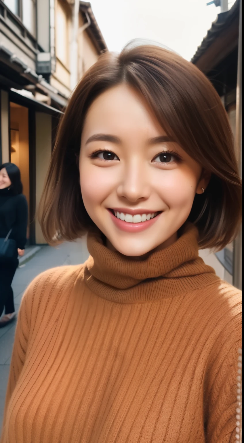 The face of a hostess、turtleneck wool sweater、hiquality、A hyper-realistic、healthy、Smiling expression、Slender perfect figure、Japan Beauty、 perfect eyes、Beautiful skin、The upper part of the body、The city of Kyoto