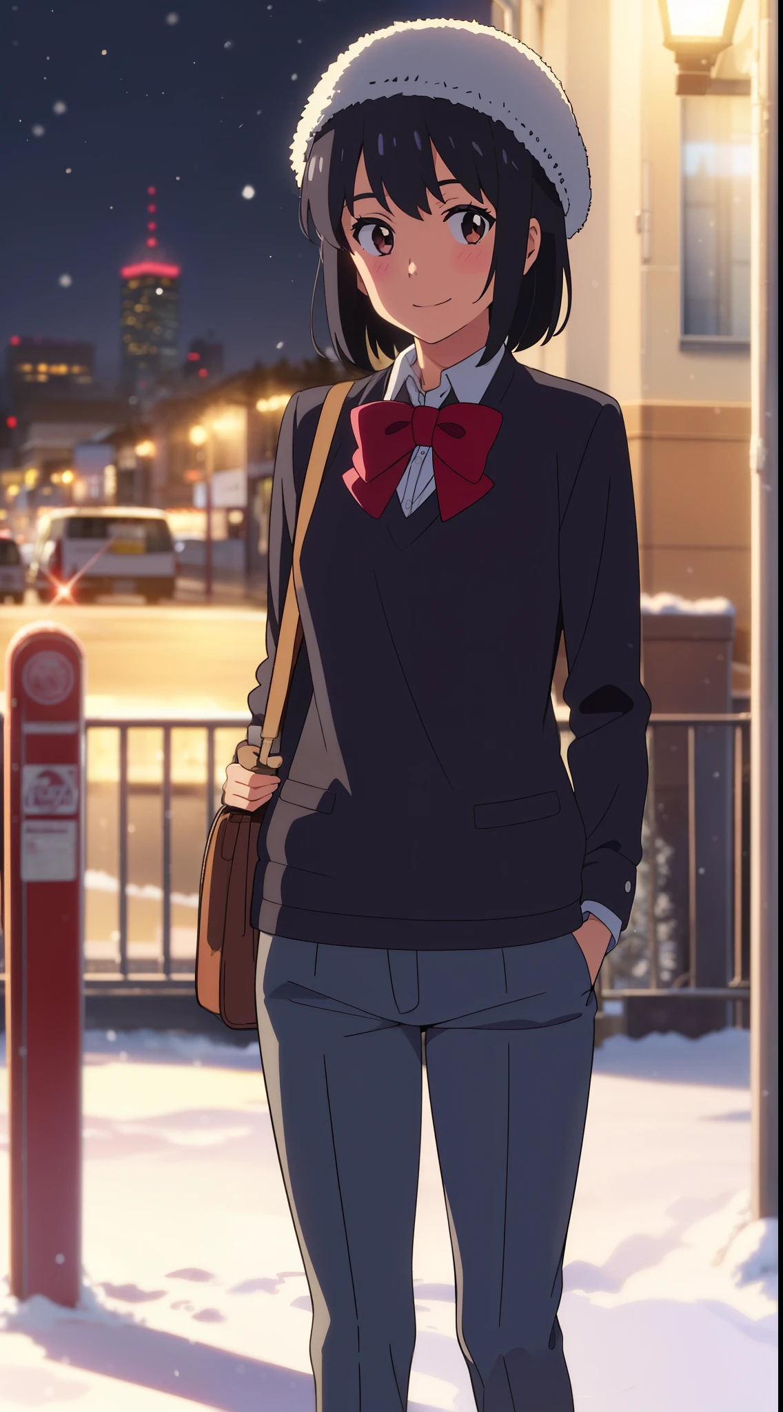 shinkai makoto, kimi no na wa., 1girl, bangs, black hair, blush, bright eyes, brown eyes, red bow, red ribbon, short hair, shiny skin, smile, cute, beautiful, sweater, open sweater, shirt, knit hat, gloves, long underwear, looking at the viewer, winter snow, night, city lights, waiting for the bus at the bus stop