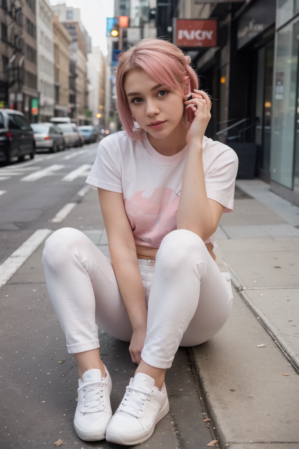 Beautiful Russian girl in pink t-shirt, white leather pants, short pink hair, beautiful white shoes, little makeup, on the streets of New York