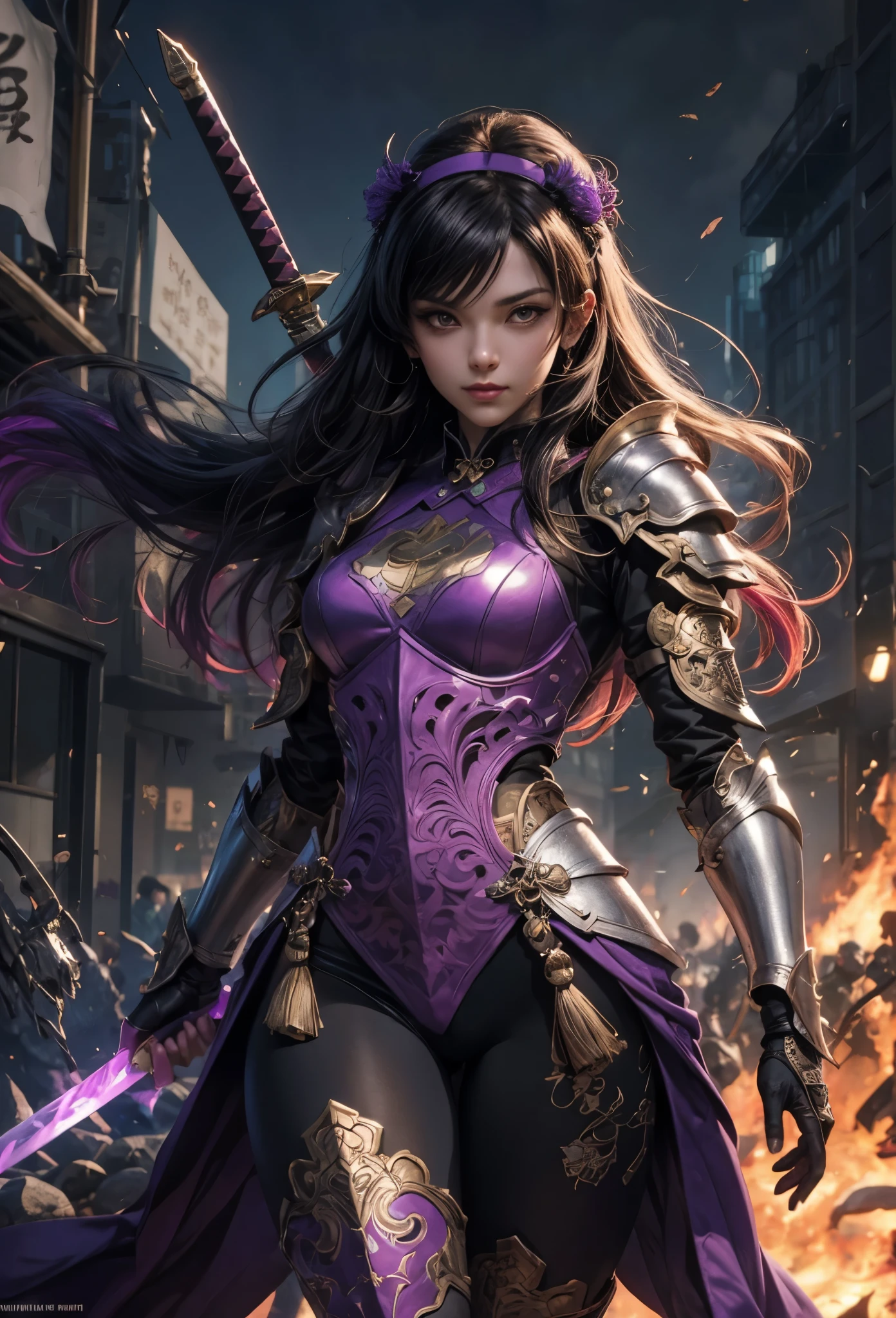 A woman in armor with a sword and a purple dress - SeaArt AI