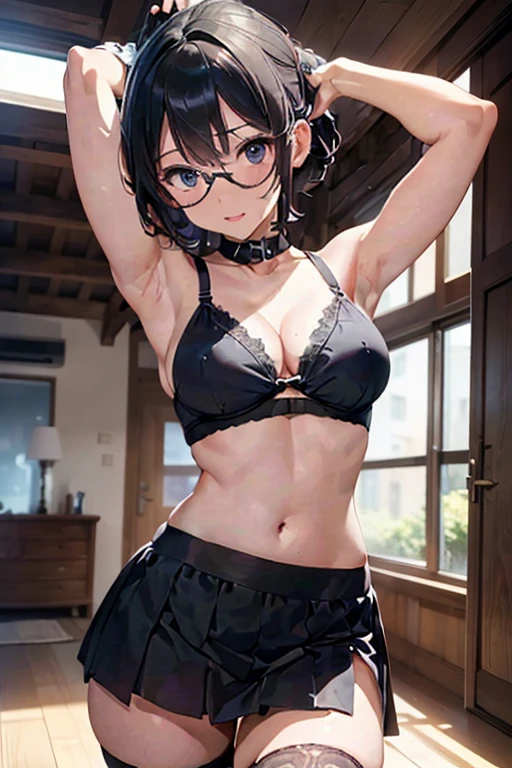 (short skirt), black hair, short hair, ponytail hair, glasses, nerd, blue eyes, little clothing, exposed skin, bra, navel, ((cute innocent face, open mouth, allure)), [[playful]]], [[[bedroom]]], front-view, [[Leaning forwards]], head down, butt up, ((arched back, cat-cow yoga pose)), cleavage, sexy, arousing, realistic, ((perfect symmetrical body)), (slim hip), soft light, dawn light)), bloom, 1girl, super model body, very slim body, thin, super model body, ultra-detailed CG, 8k, high detailed, realistic, solo, intricate details),